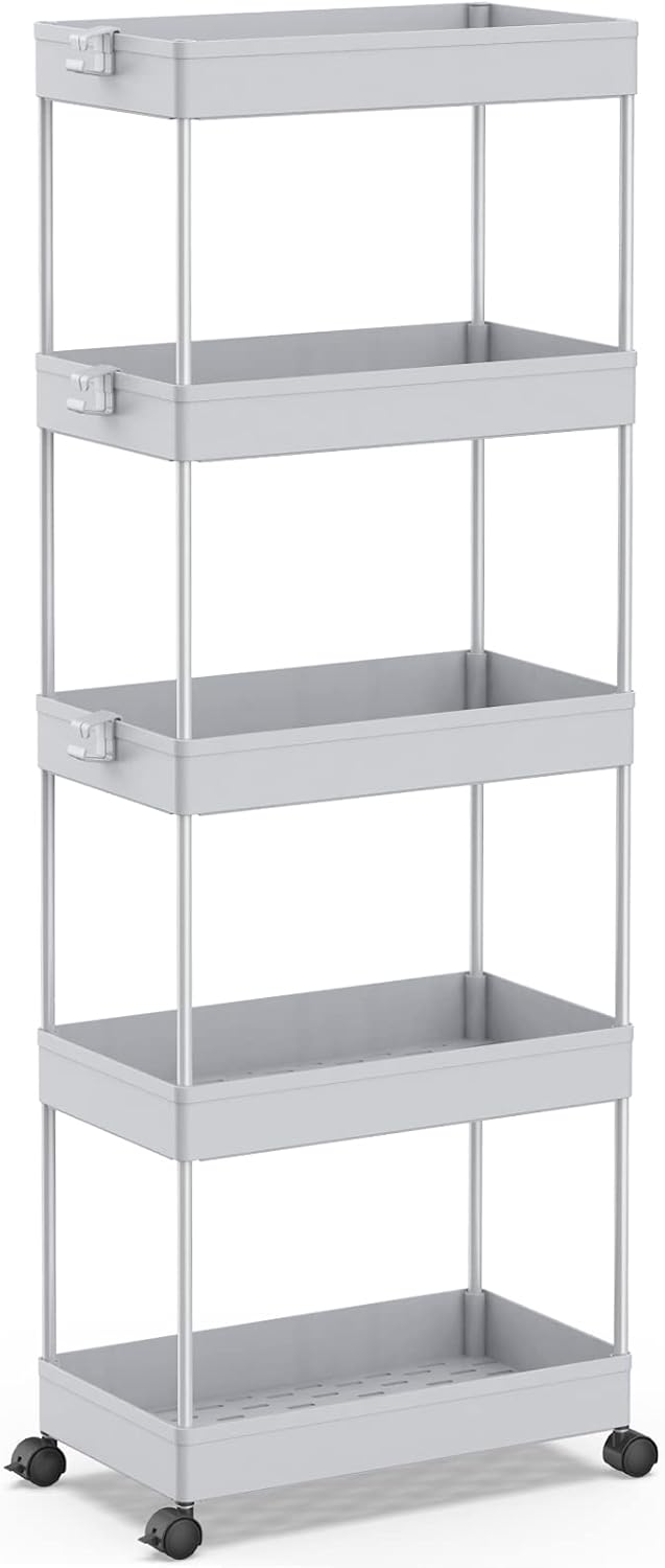 SPACEKEEPER Carro de Almacenamiento de 5 Niveles, Organizador de estanterías móviles, Carro de Utilidad rodante Deslizante, Multiusos para Cocina, baño, lavandería, Lugares Estrechos, Gris