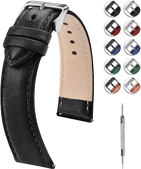Fullmosa Correa de cuero de repuesto para reloj de 18 mm, para hombre y mujer, color negro, hebilla plateada