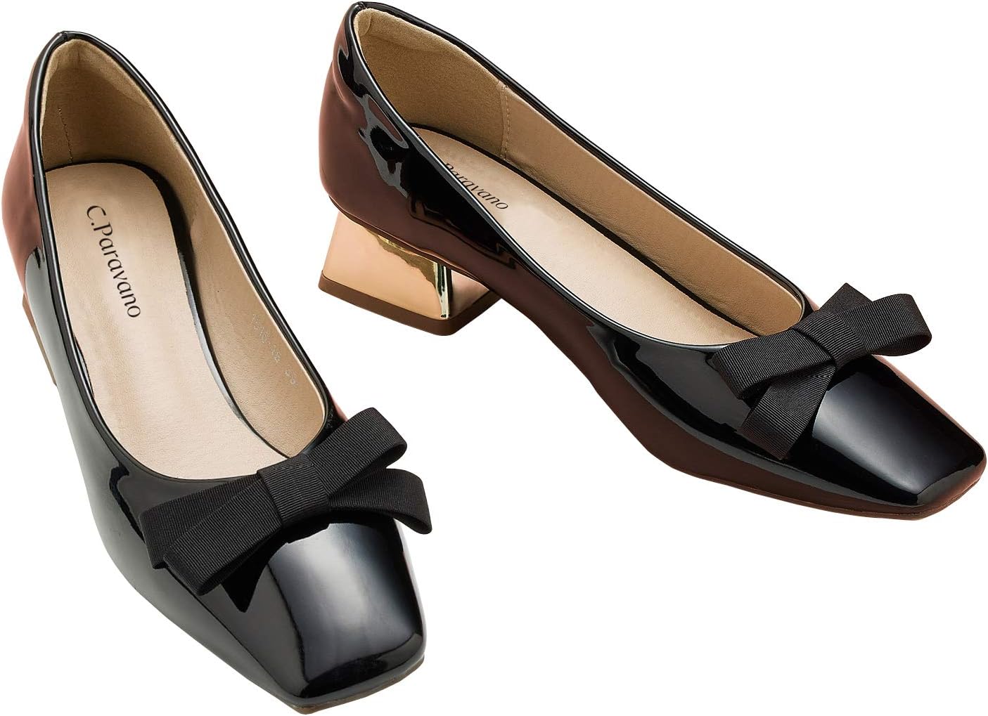 C.Paravano Zapatillas de Ballet I Zapatos de Tacon para Mujer I Zapatos de Charol I Tacón Bloque en Charol (Talla 42, Negro)