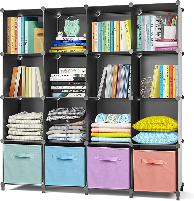 AWTATOS ULPZ016 Armario con 16 cubos, estantes de almacenamiento, cubos de bricolaje, estantería de polipropileno, estantería para niños, estantería para juguetes, armario plegable, estantería de pie, Negro