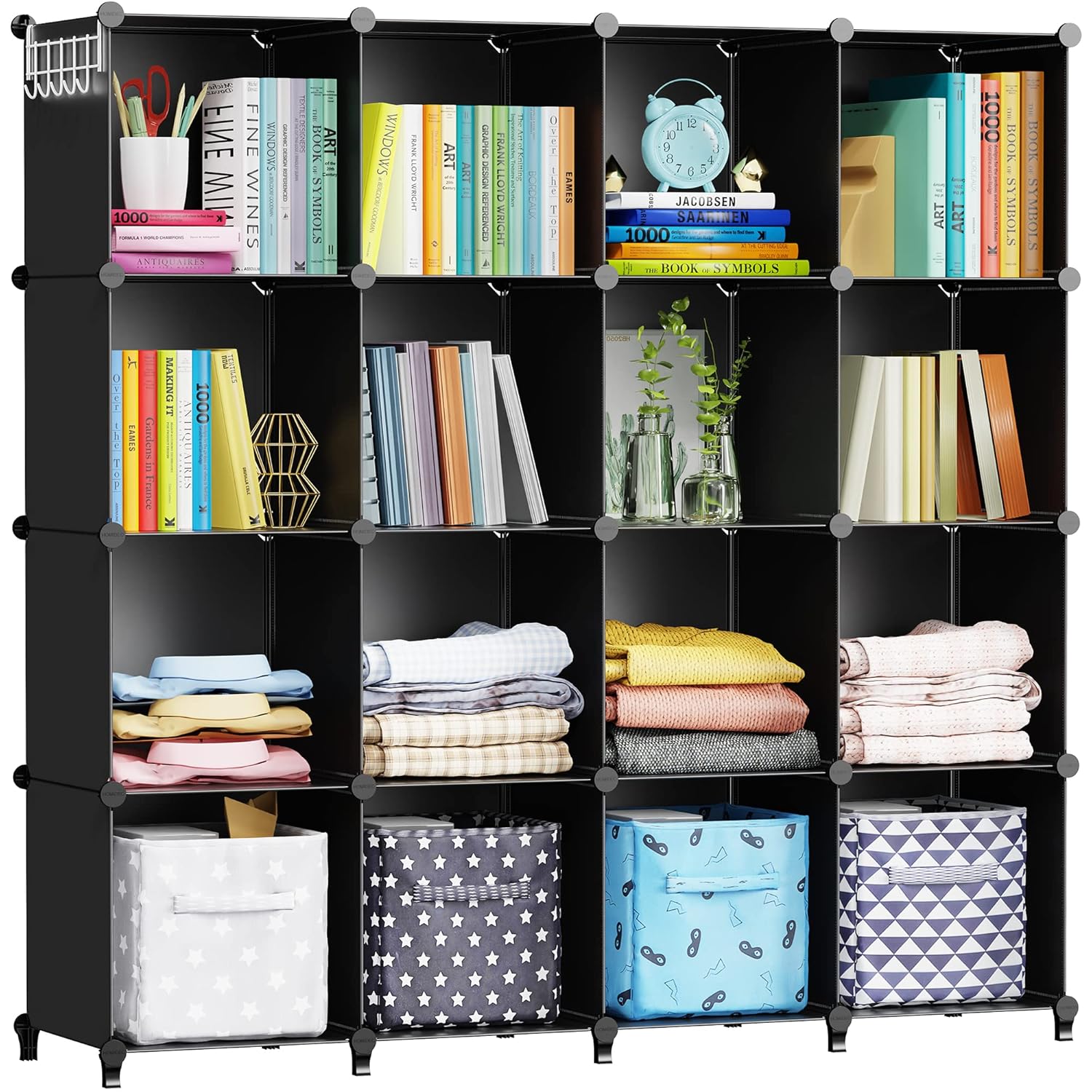AWTATOS ULPZ016 Armario con 16 cubos, estantes de almacenamiento, cubos de bricolaje, estantería de polipropileno, estantería para niños, estantería para juguetes, armario plegable, estantería de pie, Negro