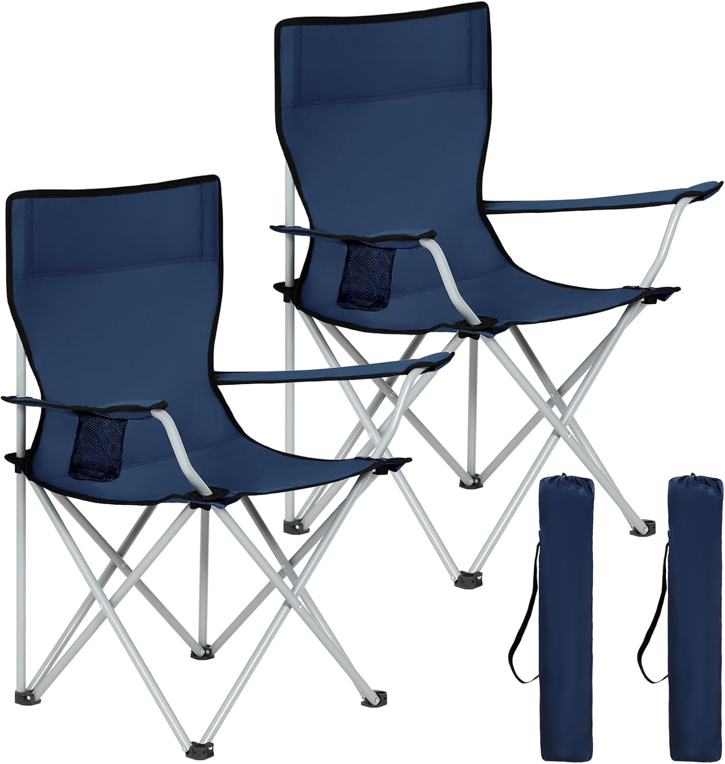 AMHANCIBLE Silla de Camping Plegable de 2 Piezas, Silla de Pesca Plegable con portavasos, Silla de Camping Plegable con reposabrazos y Bolsa de Transporte Ligero, hasta 120Kg Duradero, Azul