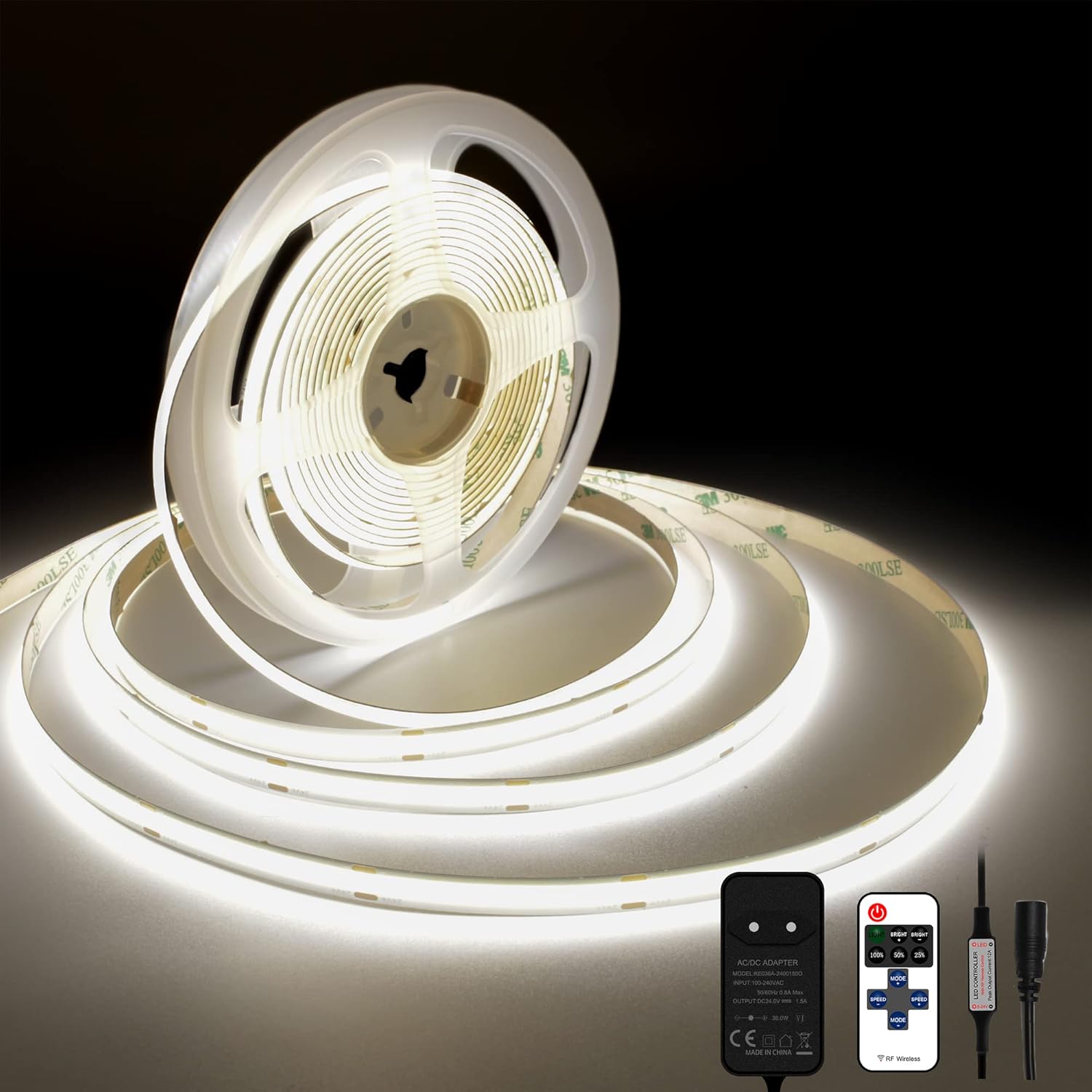 Tira LED COB de 5m con 480 LEDs/m, 4000K y CRI>90. Voltaje 24V CC, ancho 8mm. Alto brillo con menor consumo energético, diseño flexible, respaldo adhesivo 3M para fácil instalación. Durabilidad garant