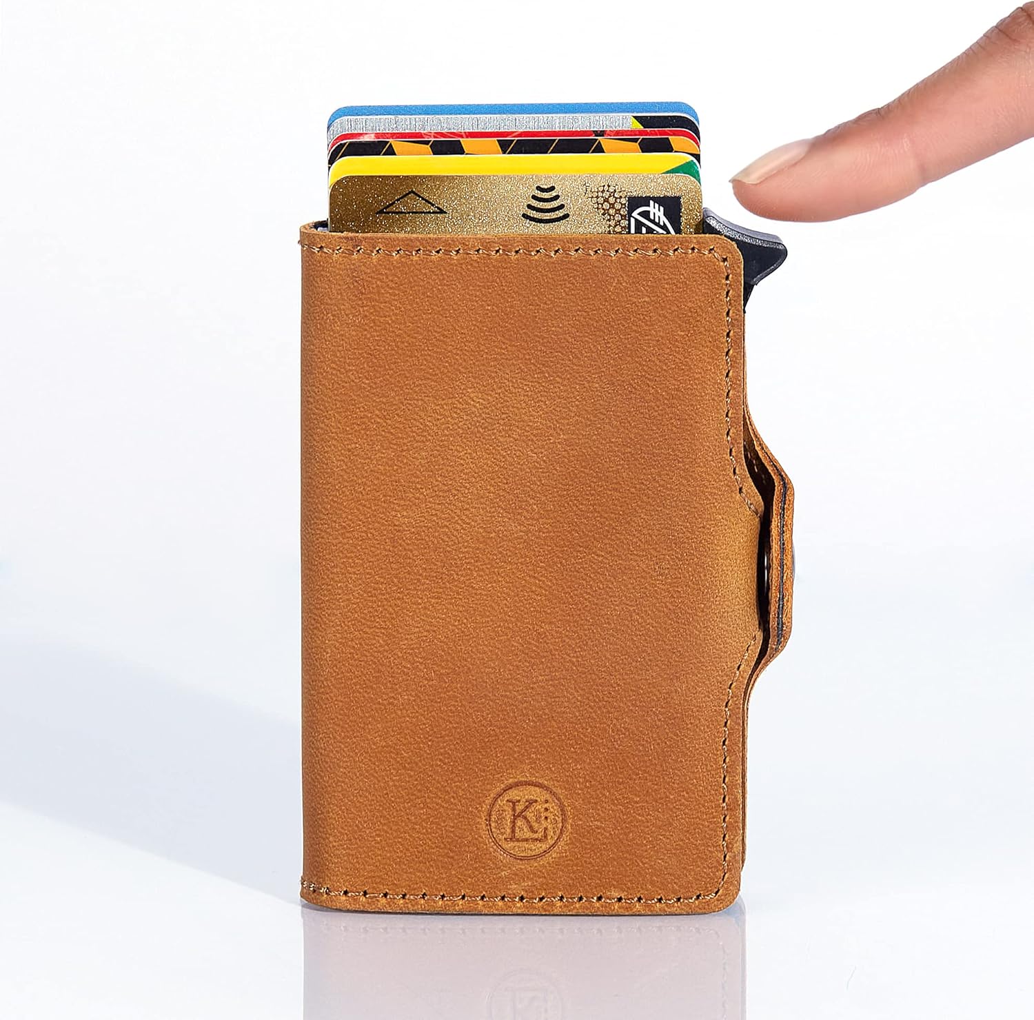 .KARL LOVEN - Cartera Compacta Unisex - Cuero Vintage - RFID Blocker para Tarjetas - Marrón Dorado