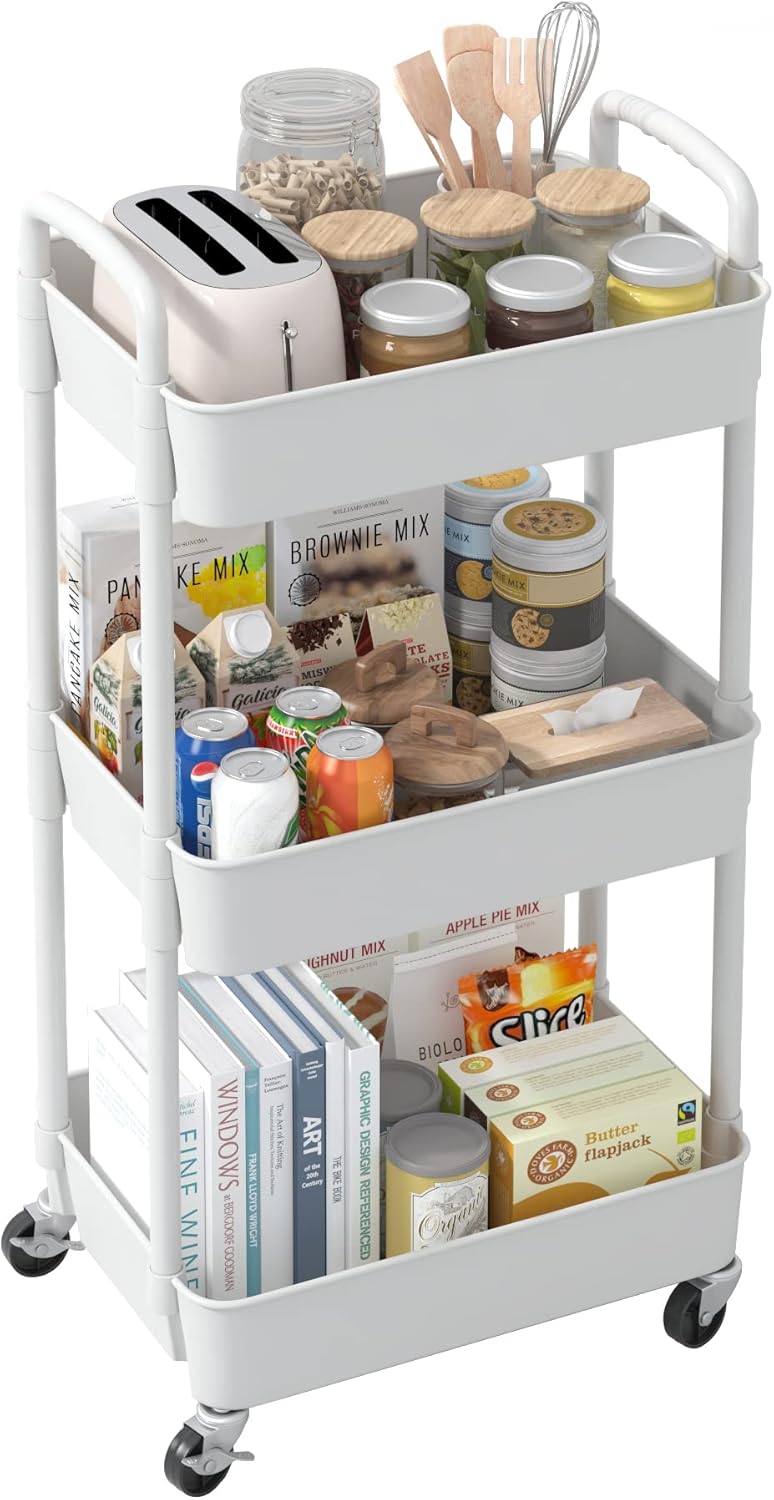 Carrito de cocina Sywhitta de 3 niveles, carrito utilitario con ruedas y asa, carrito de servicio multifuncional con estantes rodantes para oficina, sala de estar y cocina, color blanco