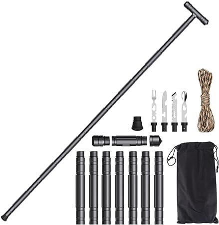 WildGamePlus 145cm/57 pulgadas de trekking ajustable multifuncional con 7 secciones y platos de aluminio de grosor, adecuado para deportes al aire libre, equipos, senderismo, senderismo, campamento WG-G05