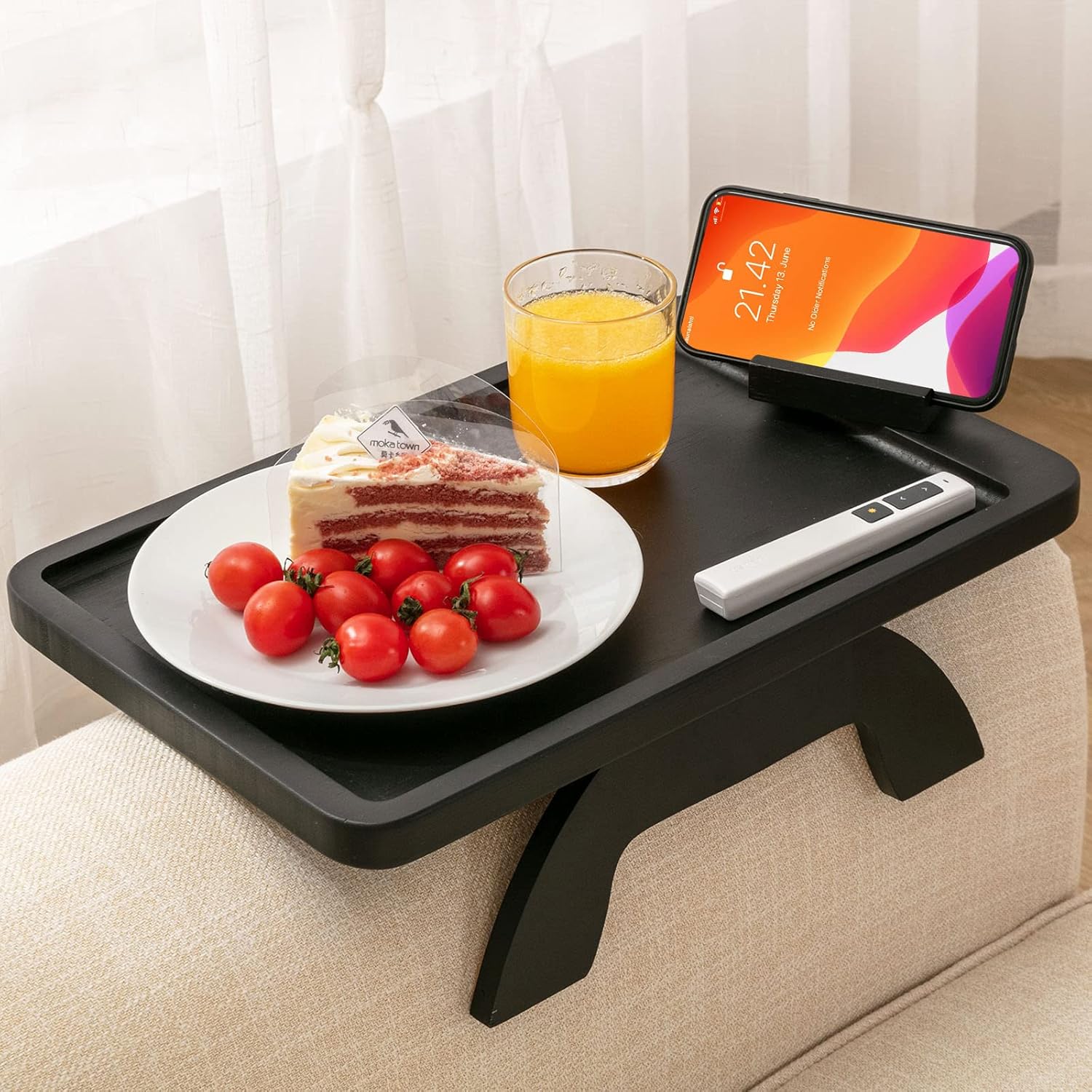SITREMEN Bamboo Sofá Reposabrazos con soporte giratorio para teléfono móvil, bandeja de apoyabrazos estable, bandeja para sofás anchos, mesa plegable de reposabrazos para comer y beber (Black39)