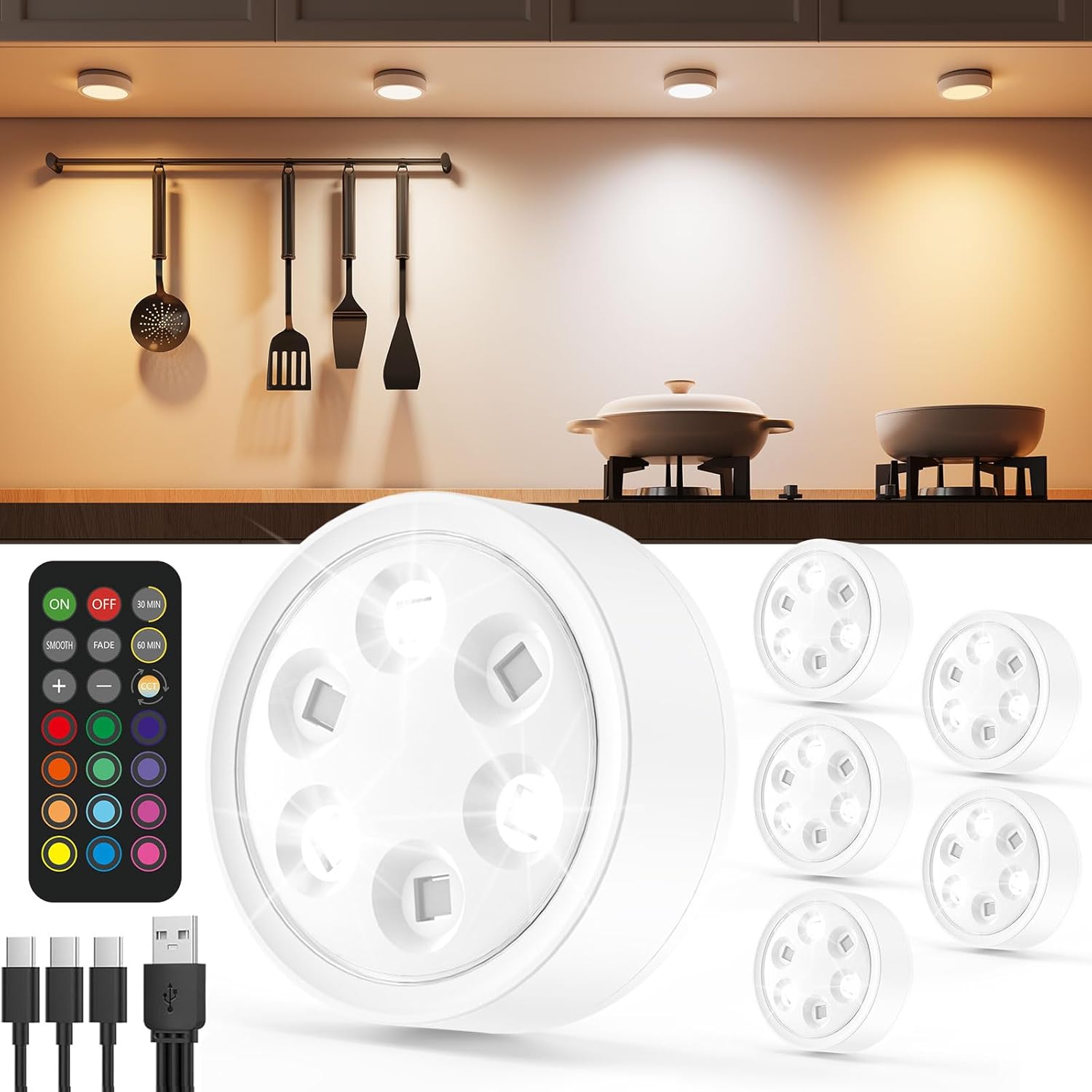 Luces LED recargables para armario con control remoto - Focos LED inalámbricos regulables de 2400 mAh con conexión USB para escaparate, lámpara LED de cocina con batería para debajo del armario, foco LED para interiores de pared.