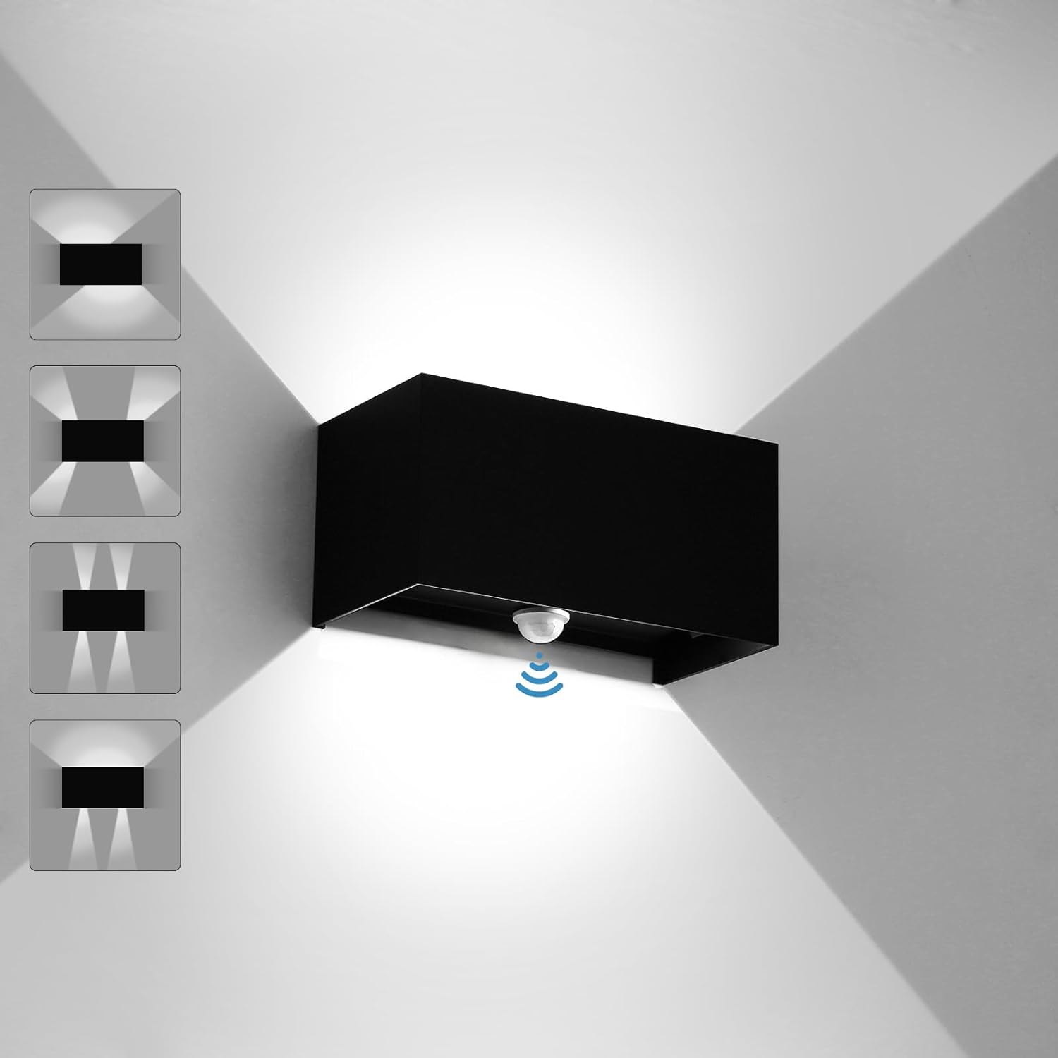 Aplique LED de 24W con sensor de movimiento, impermeable IP65. Capacidad de detección de 3-5m y ángulo de haz ajustable hasta 120°. Fabricado en aluminio con luz fría a 6000K y duración mínima de 8000