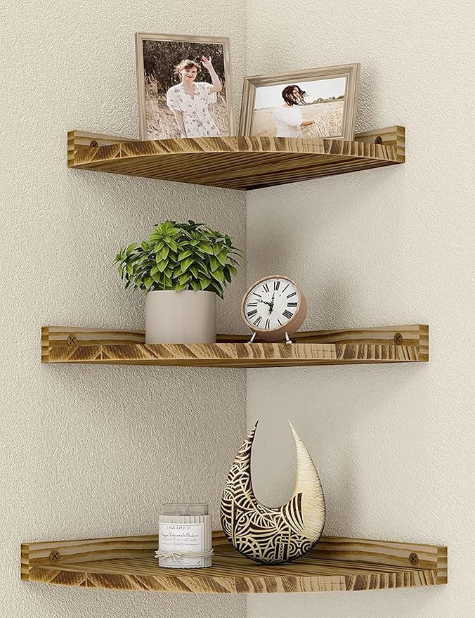 Petrala Estante esquinero de pared de madera, juego de 3 estantes flotantes, estantería rústica vintage montada en la pared con extremo redondo para baño, cocina, dormitorio, sala de estar