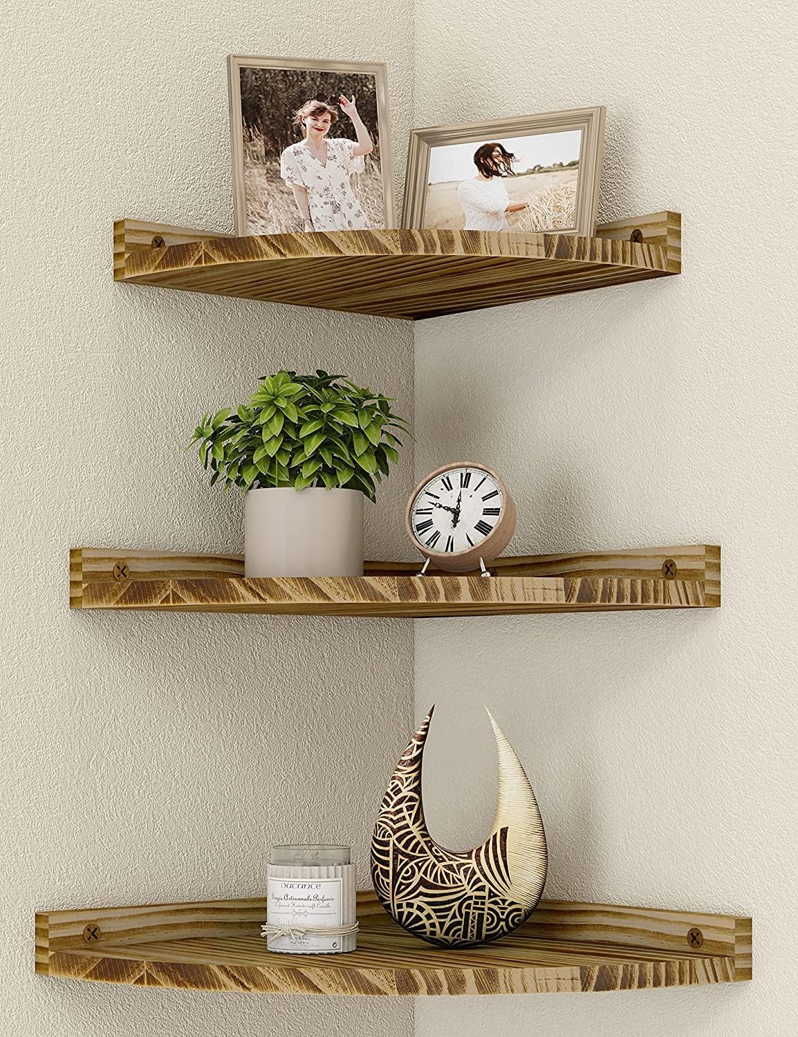 Petrala Estante esquinero de pared de madera, juego de 3 estantes flotantes, estantería rústica vintage montada en la pared con extremo redondo para baño, cocina, dormitorio, sala de estar