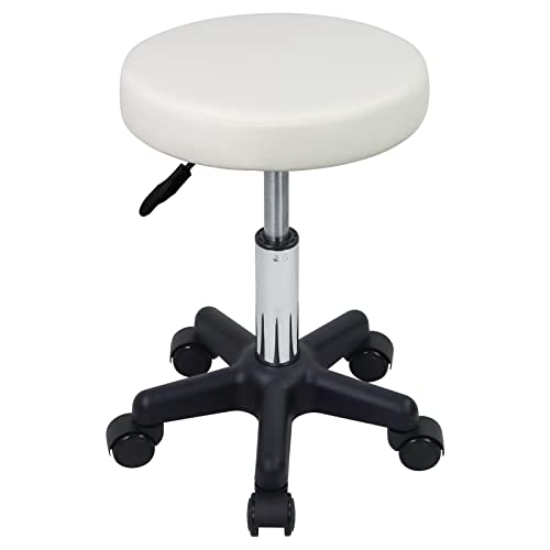 FURWOO Taburete redondo con ruedas, altura ajustable, taburete con ruedas para spa, salón de masaje, color blanco