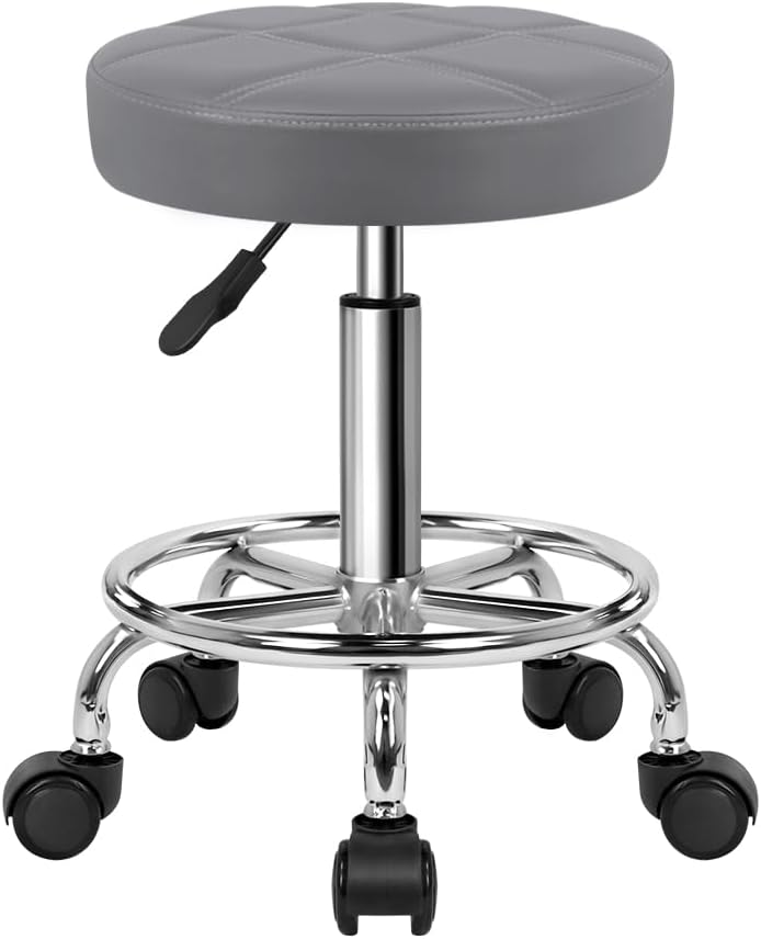 Taburete giratorio WKWKER de piel sintética con ruedas, altura ajustable, para oficina, laboratorio, cocina, masaje, con ruedas (gris)