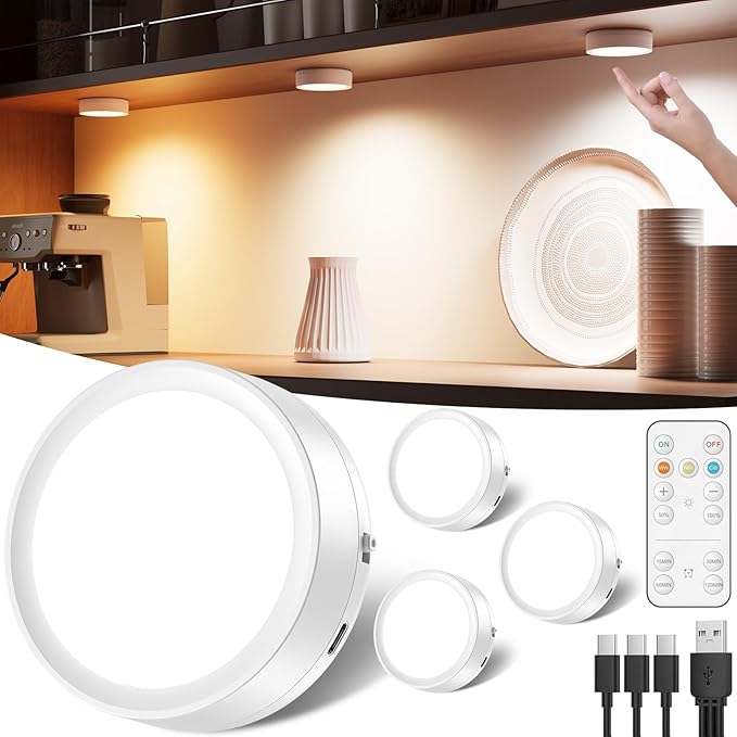 Foco LED recargable por USB, 2400 mAh, inalámbrico, con control remoto y temporizador, magnético, para cocina, redondo, regulable, ideal para armarios, estanterías y vitrinas.