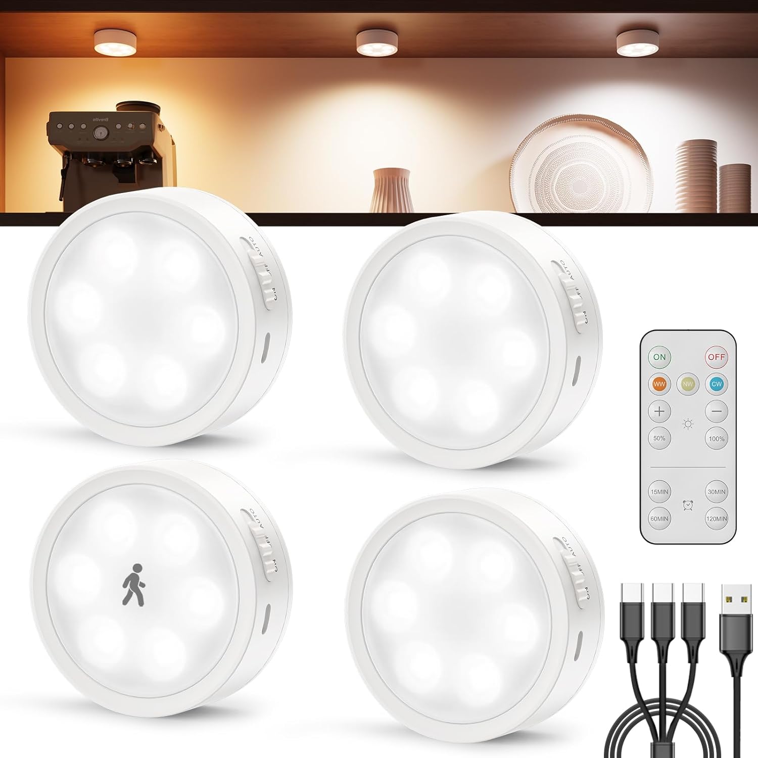 Foco LED recargable por USB, 2400 mAh, inalámbrico, con control remoto y temporizador, magnético, para cocina, redondo, regulable, ideal para armarios, estanterías y vitrinas.