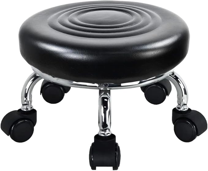 Taburete rodante PU Asiento de Rodillos de Cuero 360 ° Taburetes giratorios con Ruedas giratorias universales para Masaje en el hogar Jardín Oficina Garaje Tienda, H: 21.3.5cm (Negro)