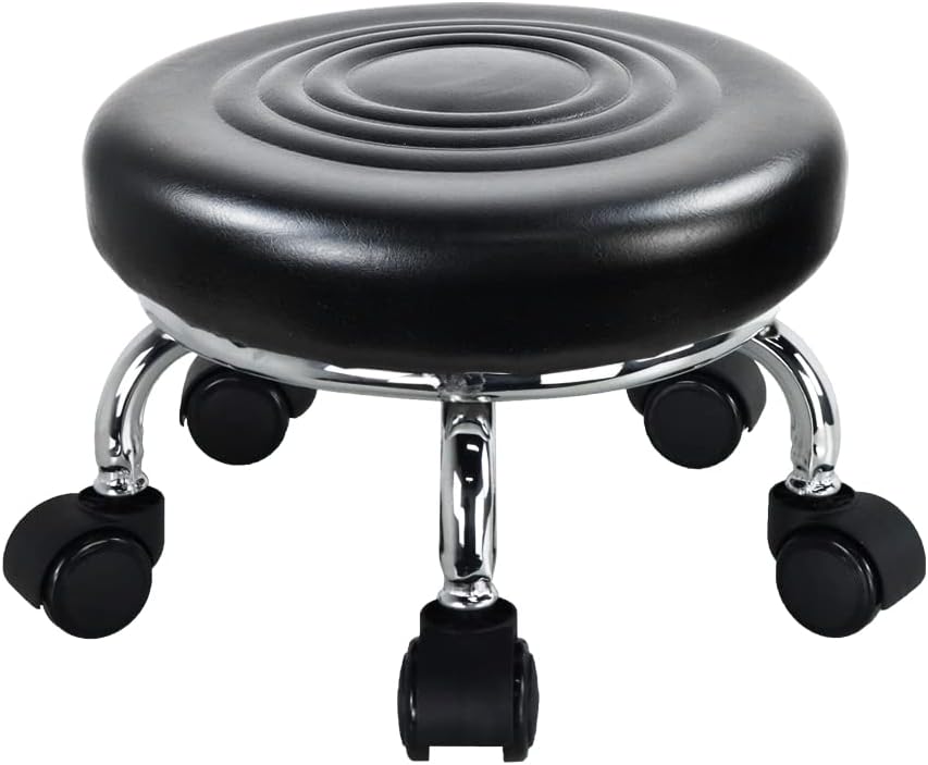 Taburete rodante PU Asiento de Rodillos de Cuero 360 ° Taburetes giratorios con Ruedas giratorias universales para Masaje en el hogar Jardín Oficina Garaje Tienda, H: 21.3.5cm (Negro)
