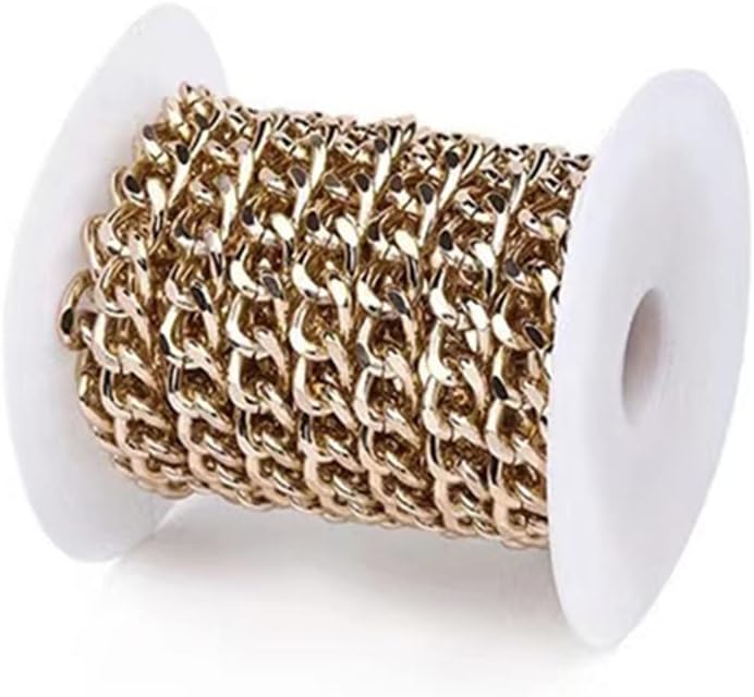 Cadenas de aluminio de 16.4 pies de 11 x 8.5 x 2.2 mm, eslabones trenzados, cadenas de cable cruzadas, chapadas en oro con carrete para hacer colgantes y collares