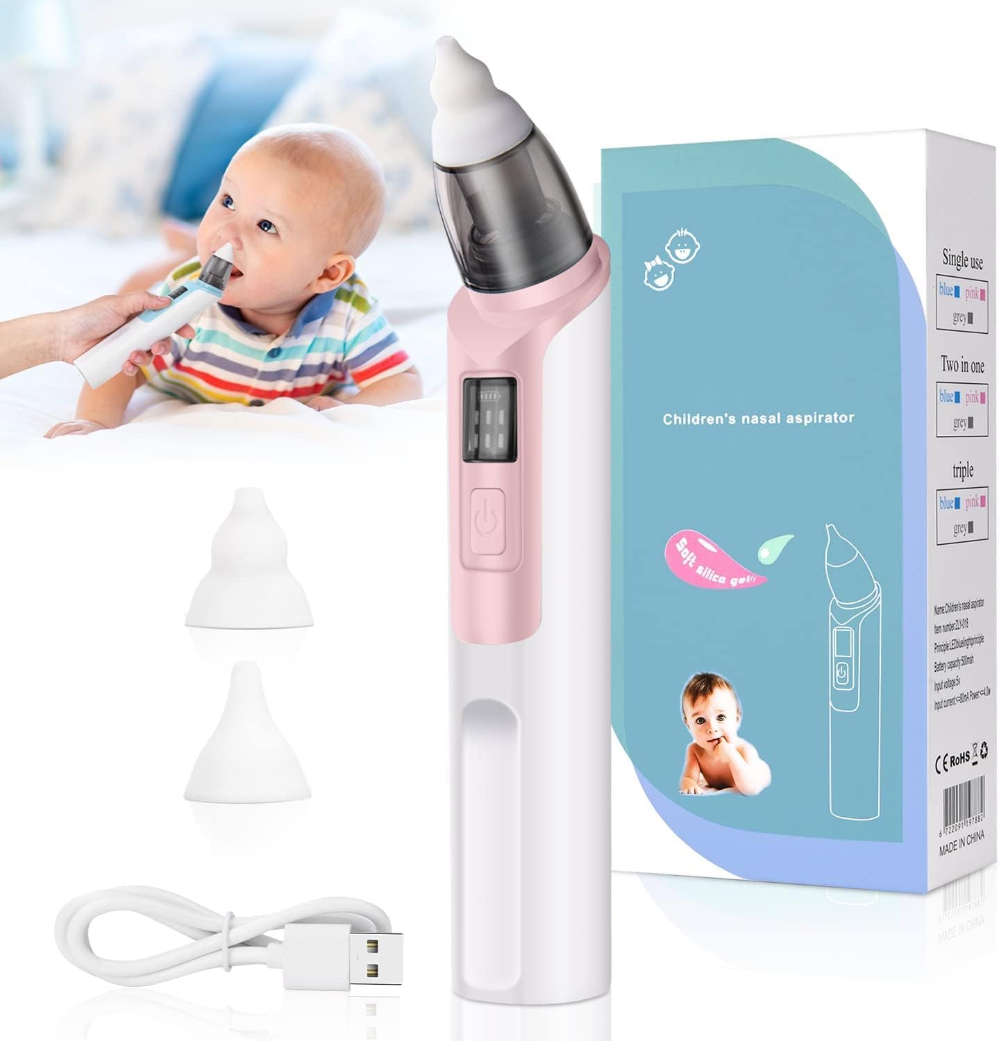 URAQT Aspirador Nasal Bebés, Limpiador de Nariz Portátil con Ajuste de 6 Velocidades, Aspirador Nasal Eléctrico Segura USB con 2 Puntas de Silicona Reutilizables para Recién Nacidos Bebés y Niños Rosa