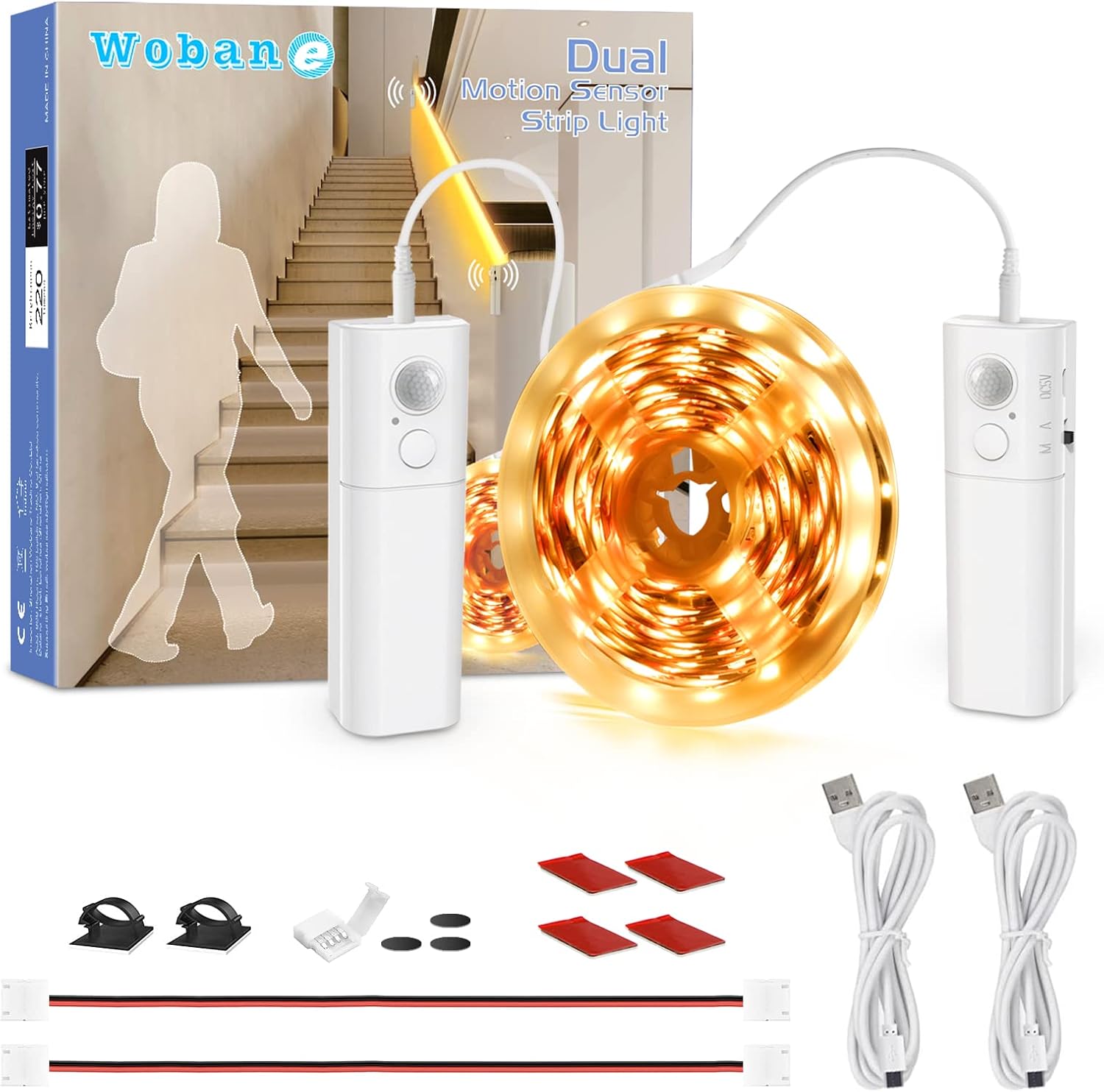 Tira LED WOBANE de 5 m con sensor de movimiento, iluminación recargable para escaleras con 2 sensores, funciona con pilas, iluminación LED para armarios de cocina, dormitorio, despensa y pasillo, blanco 6000 K