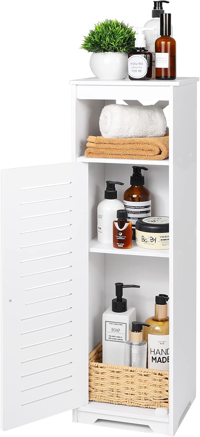 BHFOW Gabinete de almacenamiento de piso para baño, 1 estante de una sola puerta, organizador independiente para pasillo y entrada, estante estrecho para baño, sala de estar, cocina, blanco