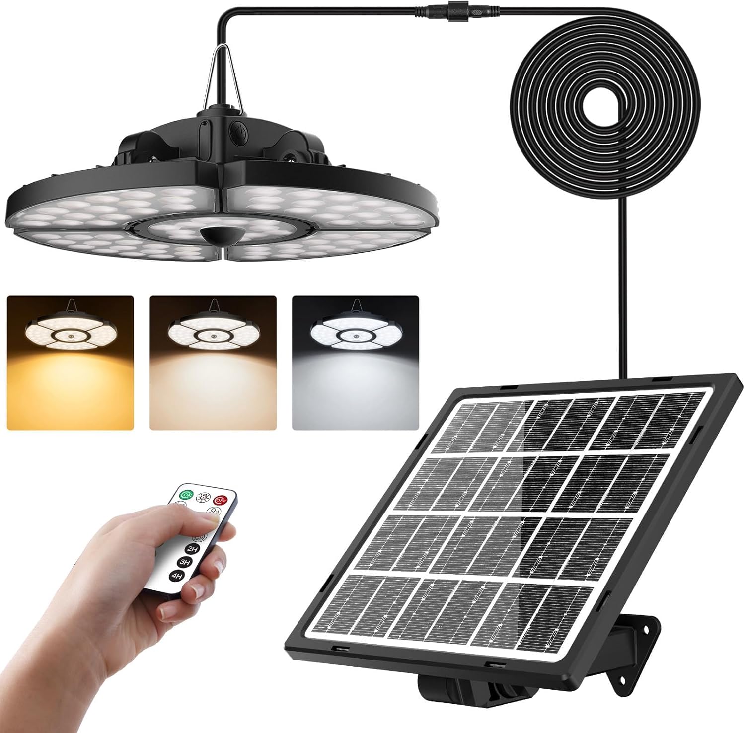 La lámpara solar interior CLV cuenta con una batería recargable de 5000mAh que acepta carga solar y USB. Ofrece 4 modos de funcionamiento, 3 temperaturas de color ajustables y 5 niveles de brillo. Tie