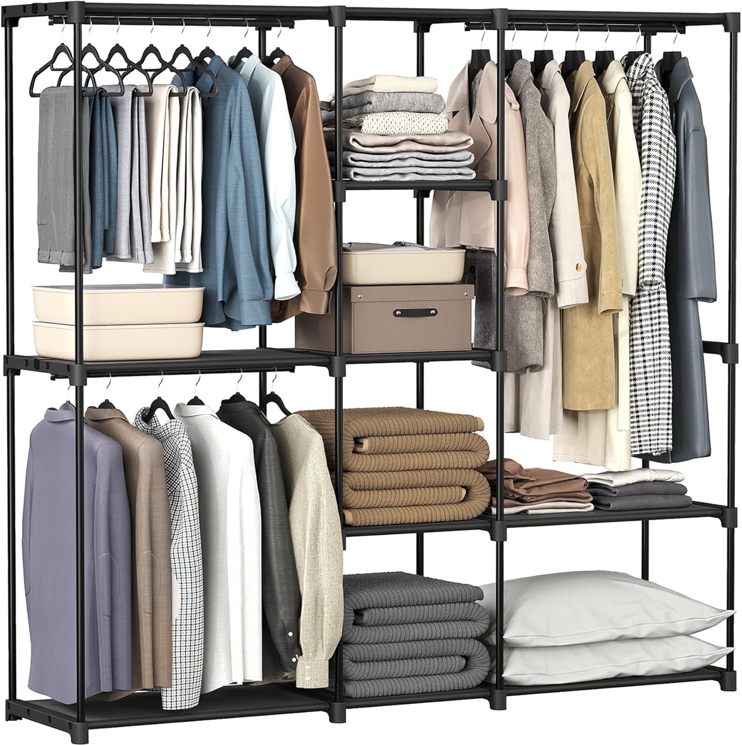 SONGMICS Armario, Perchero, Guardarropa, con Barras, Vestidor, Estantes de Tela, Marco de Metal, 43 x 182 x 182 cm, Negro RYG037B02