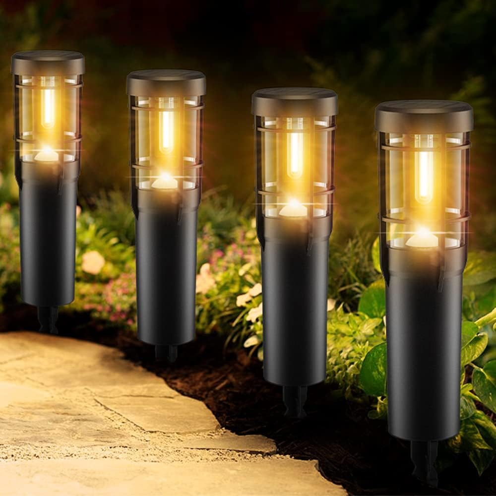 Luces solares Ainostone, paquete de 4, luces LED de jardín blanco cálido de 900 mAh, iluminación solar superbrillante con estaca, IP65 resistente a la intemperie, encendido y apagado automático, para exteriores, jardín, balcón, camino y decoración de Año Nuevo.