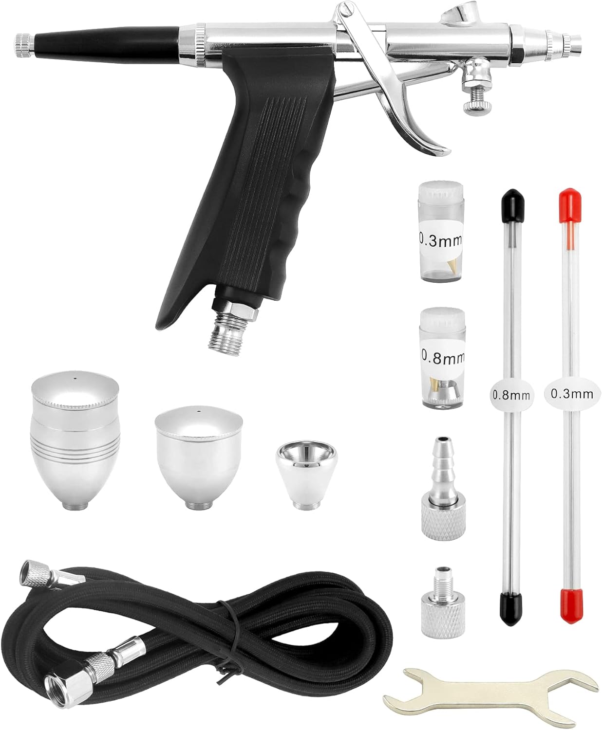 QWORK Kit de pistola de aerógrafo profesional - Boquillas 0,3 mm 0,5 mm 0,8 mm - Vaso de pintura 2 cc 5 cc 13 cc - Longitud de la manguera 1,8 m