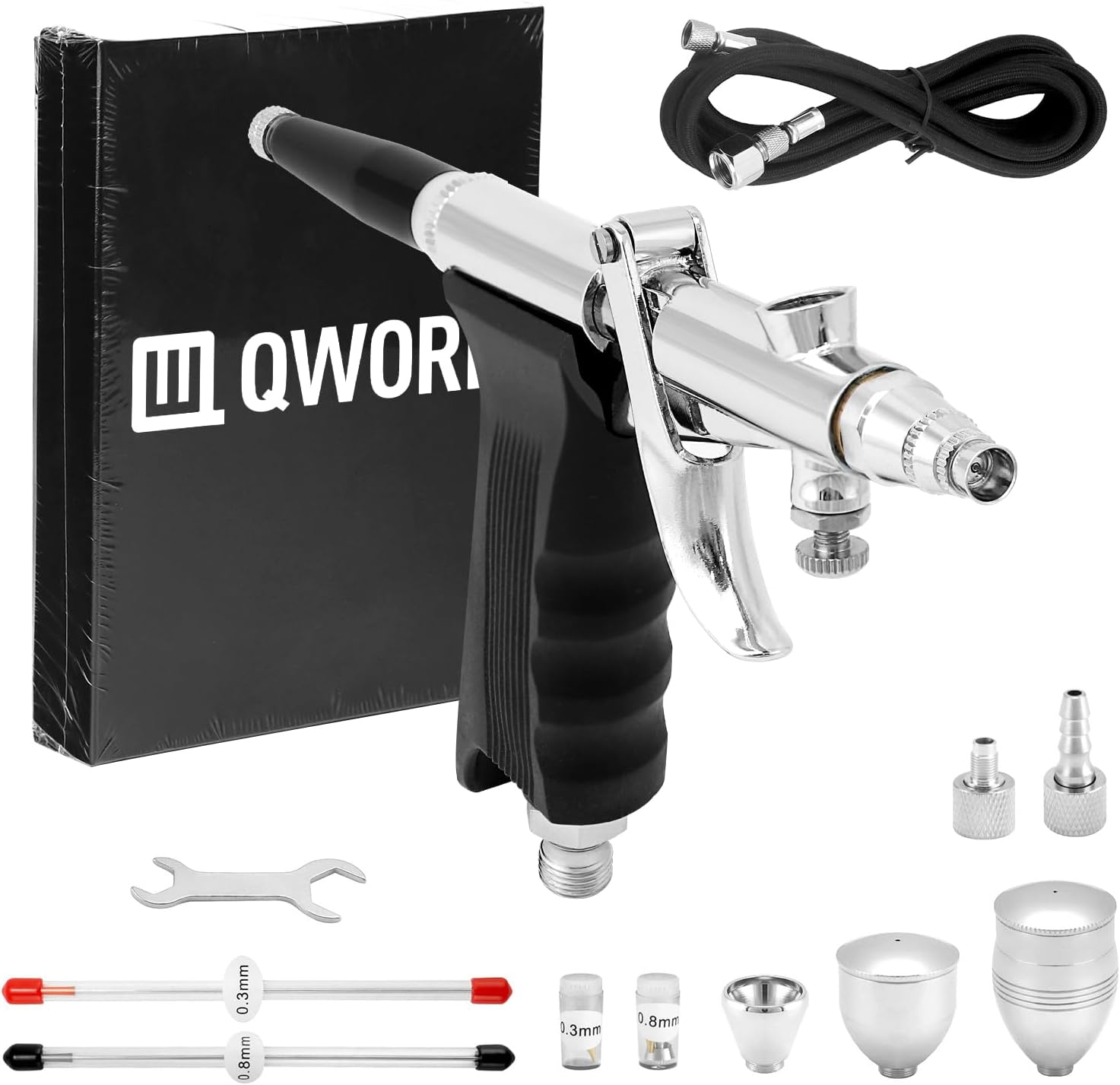 QWORK Kit de pistola de aerógrafo profesional - Boquillas 0,3 mm 0,5 mm 0,8 mm - Vaso de pintura 2 cc 5 cc 13 cc - Longitud de la manguera 1,8 m