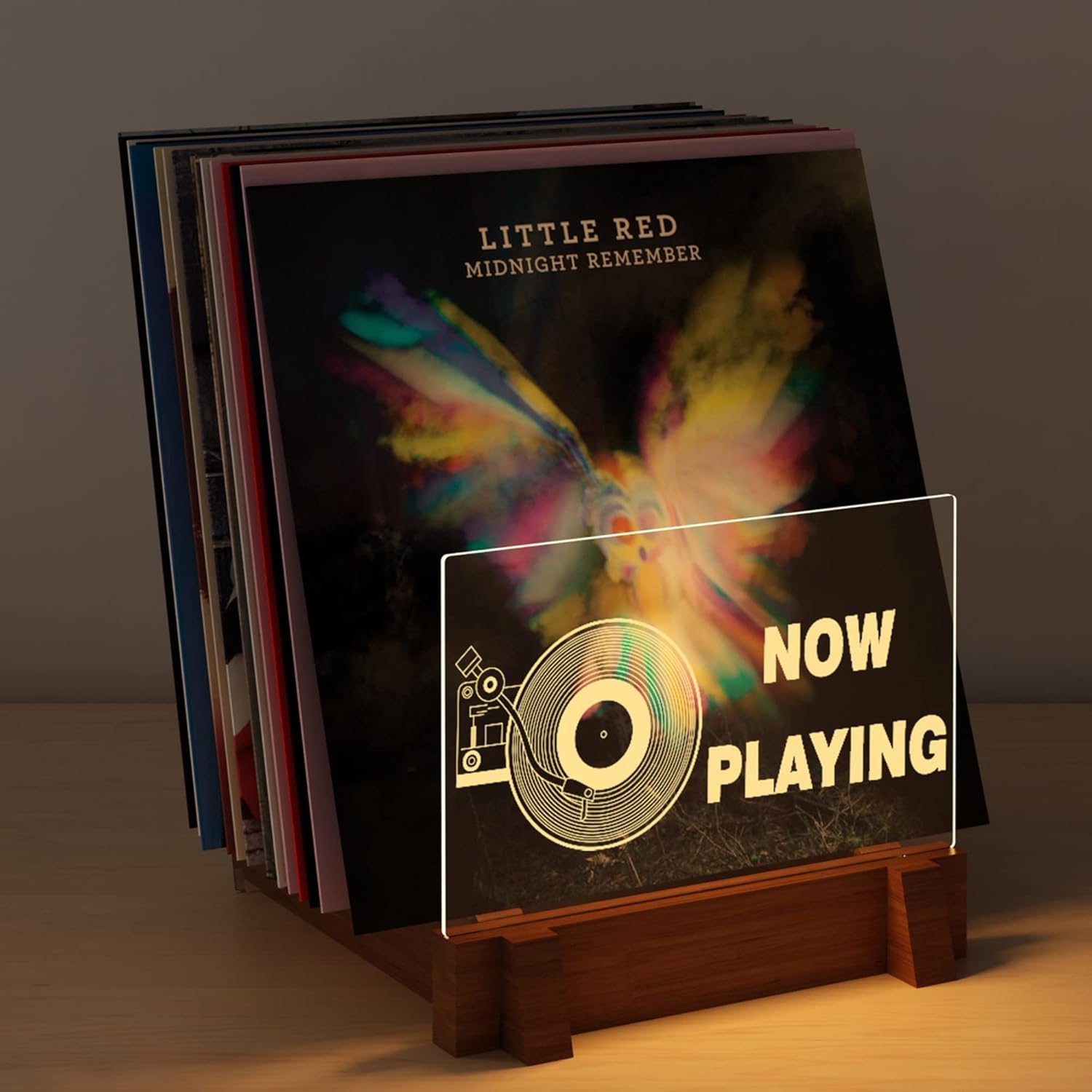 YuanDian Almacenamiento de discos, ilumina ahora jugando almacenamiento de discos de vinilo de madera para exhibición de álbumes de vinilo con luces de color blanco cálido, soporte de colección de
