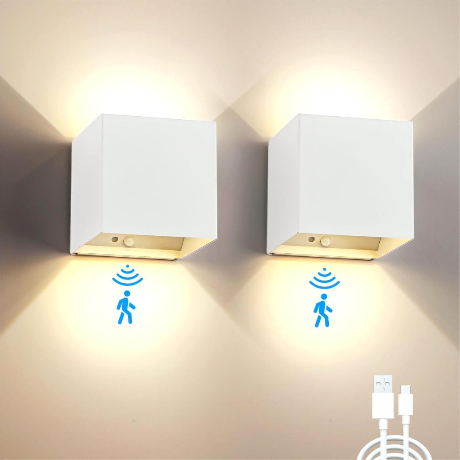 Lámpara de pared interior SUPALIG con sensor de movimiento, batería de 6000 mAh, 6 W, 3000 K, USB con interruptor, iluminación de pared inalámbrica con ángulo de haz ajustable para escaleras y pasillos (blanco-2)