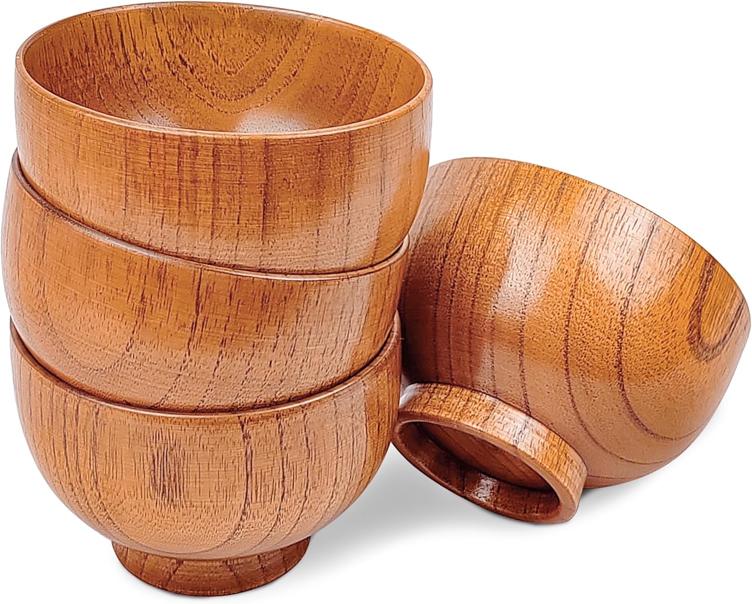 Cuencos de madera originales hechos a mano, cuencos japoneses de azufaifo con cuchara a juego para arroz, sopa, salsa, ensalada, té y decoración. 4 juegos (4 cuencos de 11,68 cm + 4 cucharas).