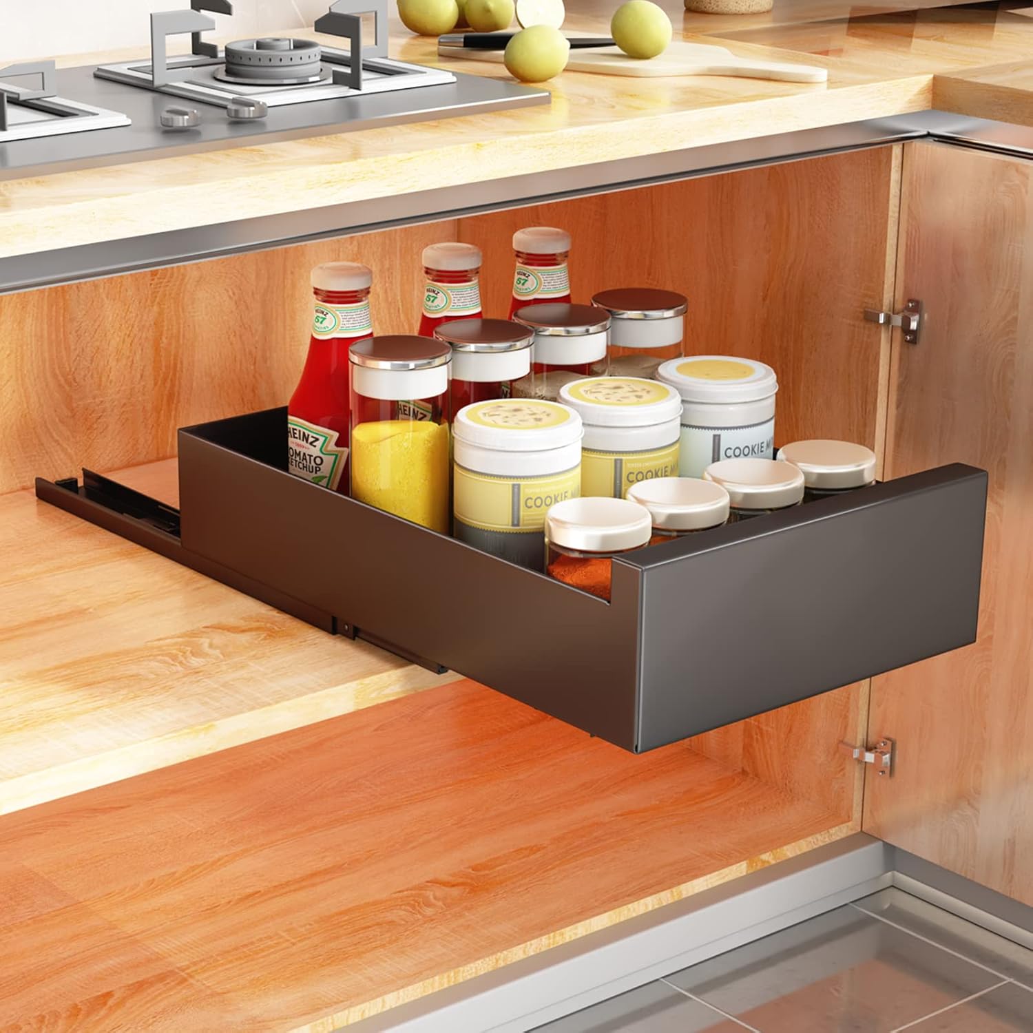 Cajón telescópico SAYZH, estantes extensibles para armarios de cocina, cajón extensible (43 cm de profundidad x 25 cm de ancho x 9 cm de alto), no requiere taladrar ni clavar.