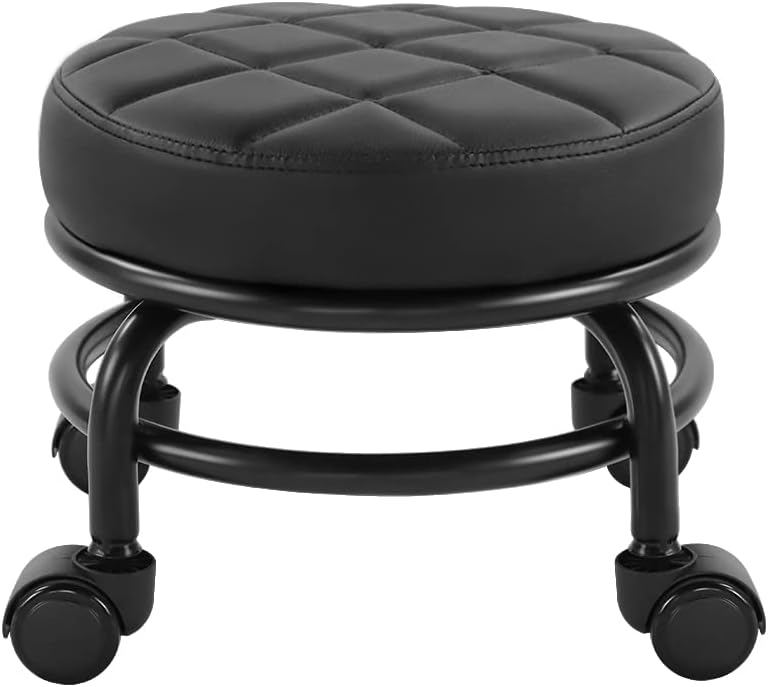 FURWOO Taburete con Ruedas de Cuero de PU, Taburete con Ruedas Redondo y Bajo, Taburete de Piso con Ruedas universales para el hogar, Fitness, Deportes, pedicura, Alto: 25,5 cm (Negro)