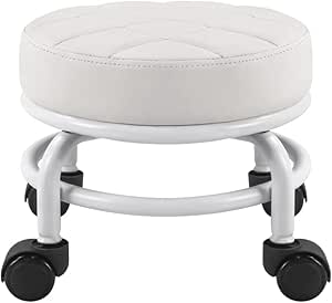 FURWOO Taburete con Ruedas de Cuero de PU, Taburete con Ruedas Redondo y Bajo, Taburete de Piso con Ruedas universales para el hogar, Fitness, Deportes, pedicura, Alto: 25,5 cm (Blanco)