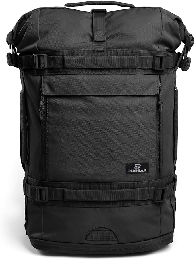 RUGSAK® Explorer Mochila enrollable sostenible para hombre y mujer [30-40L] con compartimento para portátil de 18 pulgadas y compartimento para zapatos, antirrobo, para trabajo, viajes y deportes