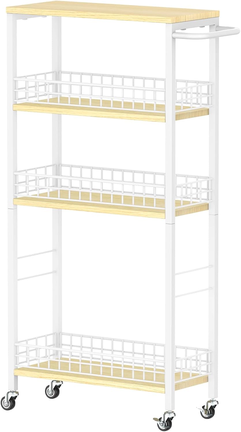 NORCEESAN - Carrito de servicio estrecho con 4 estantes, carrito de cocina estrecho con ruedas, estante de nicho, carrito con ruedas y tablero de madera para oficina, espacios pequeños, cocina, sala de estar y estudio