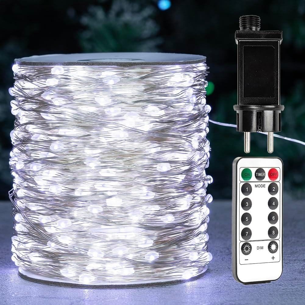 Guirnalda de luces LED ZELUXDOT, blanco frío, 60 m, 600 LED, cable de cobre, IP44, 8 modos, para uso interior y exterior, Navidad, bodas, árboles, patios, balcones, jardines, decoración con enchufe.