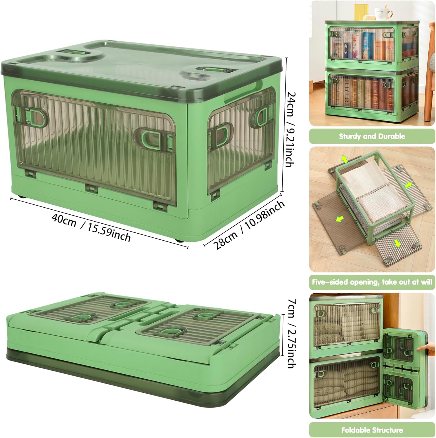 Cajas de almacenamiento Creahaus (paquete de 2) con tapa, cajas de almacenamiento plegables de 28 L con ruedas, caja de almacenamiento plegable con cinco puertas, contenedor organizador de juguetes.