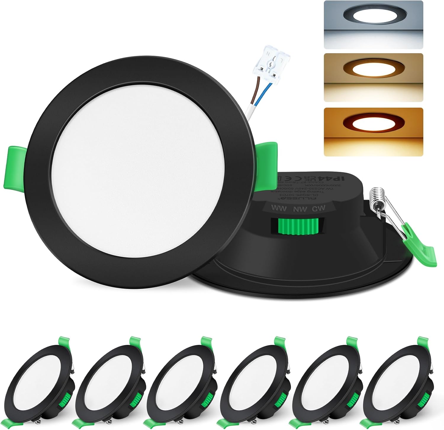 ALUSSO LIGHTING Foco empotrable LED negro 230 V Focos LED regulables planos 7 W Focos de techo IP44 Luces empotrables 68 mm Blanco cálido Blanco neutro Blanco frío Foco de techo para baño Sala de estar Juego de 6 [Clase de eficiencia energética D]