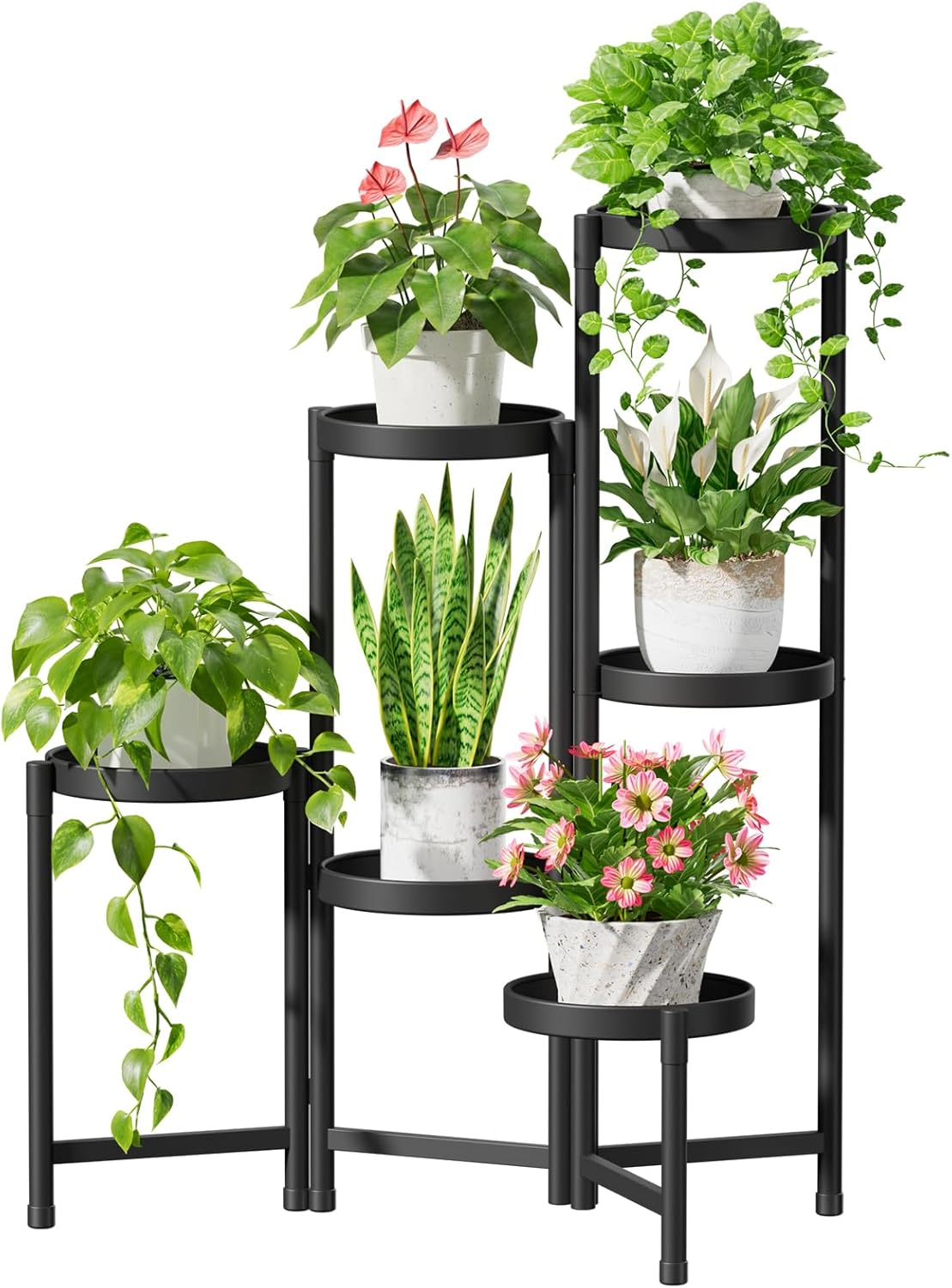 Material: Metal, Hierro. Color: Negro. Niveles: 6. Altura: 30.5 pulgadas. Capacidad de carga total: 155 libras. Diseño escalonado para hasta 6 macetas. Plegable y fácil de montar. Adecuado tanto para interiores como para exteriores. Ideal para pequeñas suculentas, hierbas y plantas más grandes. Disponibles en estilo sólido y tallado.