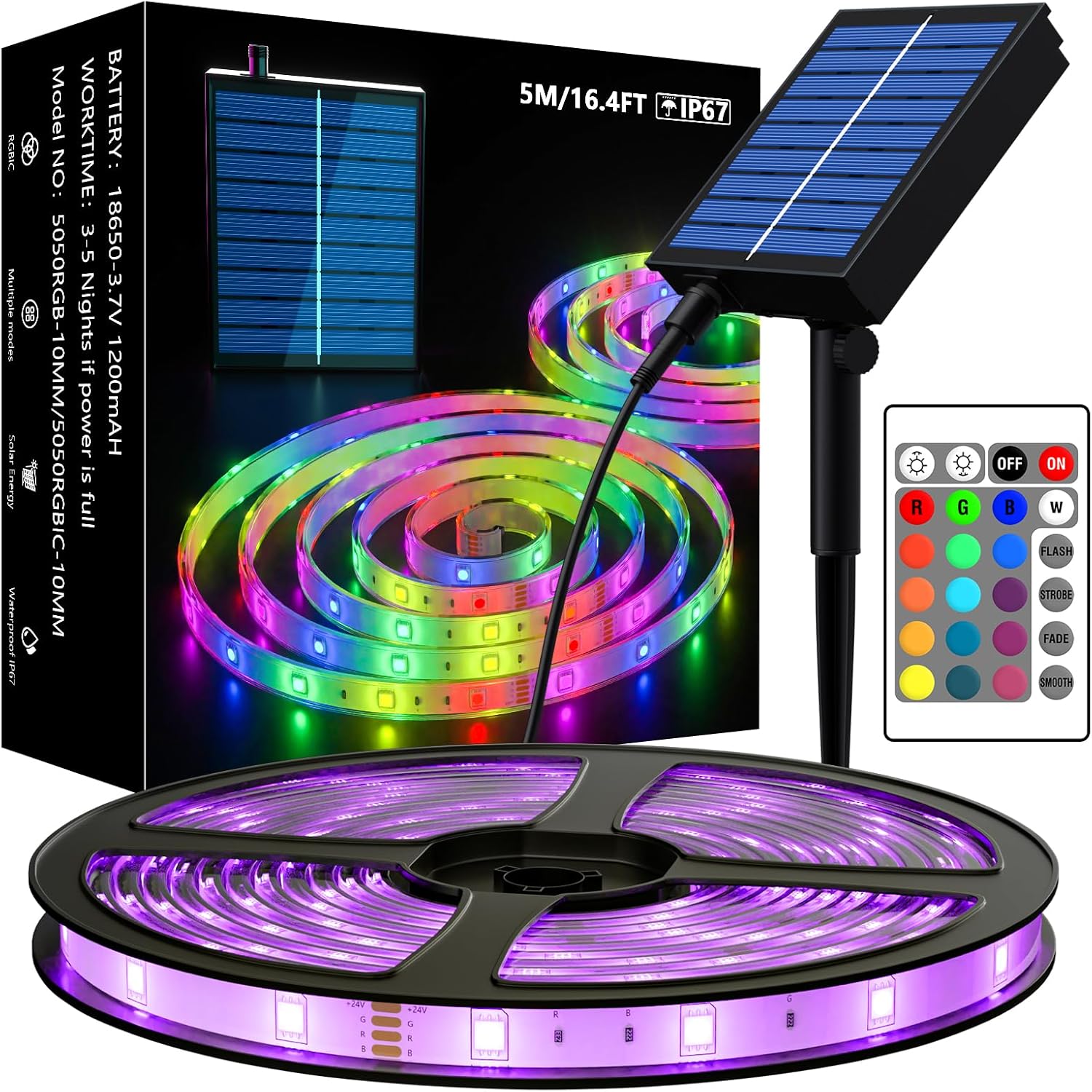 Tira de luz solar MIWATT RGB 5050 de 10 metros, tira de luz solar que cambia de color para coche fantasma, resistente al agua IP67, ideal para decorar árboles, techos, Navidad, bodas, fiestas y piscinas.