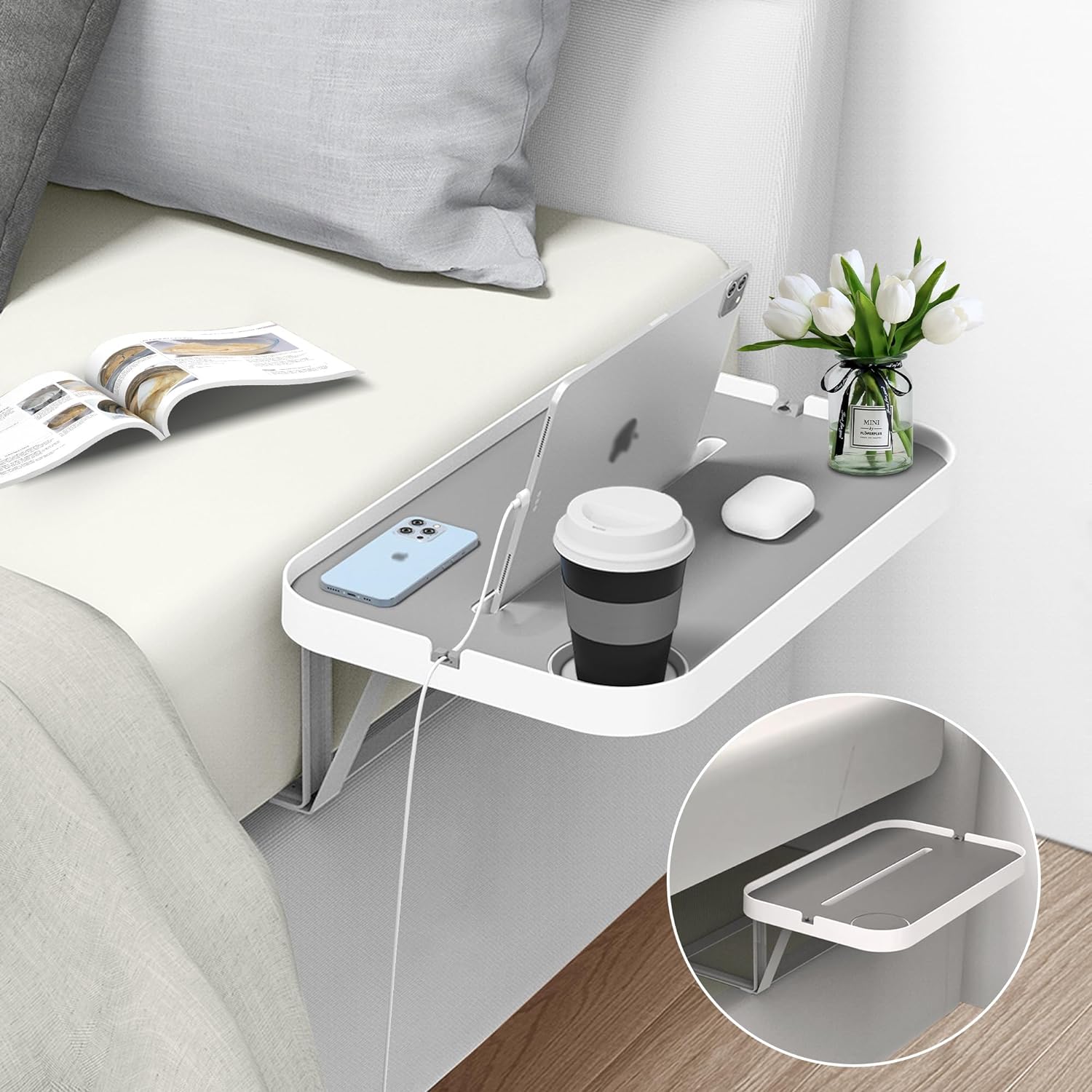 Mesa de noche de Kiwifotos para cama de plataforma, insertar estante de metal de noche del colchón con portavasos, organización de cable, diseño silencioso blanco (Model-L)
