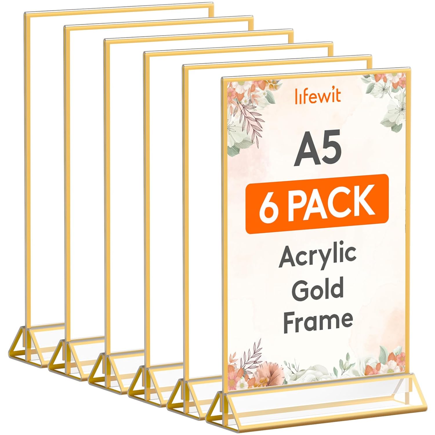 Lifewit - Paquete de 6 portacarteles acrílicos A5 con bordes dorados, soporte vertical transparente de doble cara, portamenús de plástico, portanúmeros de mesa para bodas, fiestas y decoración de restaurantes