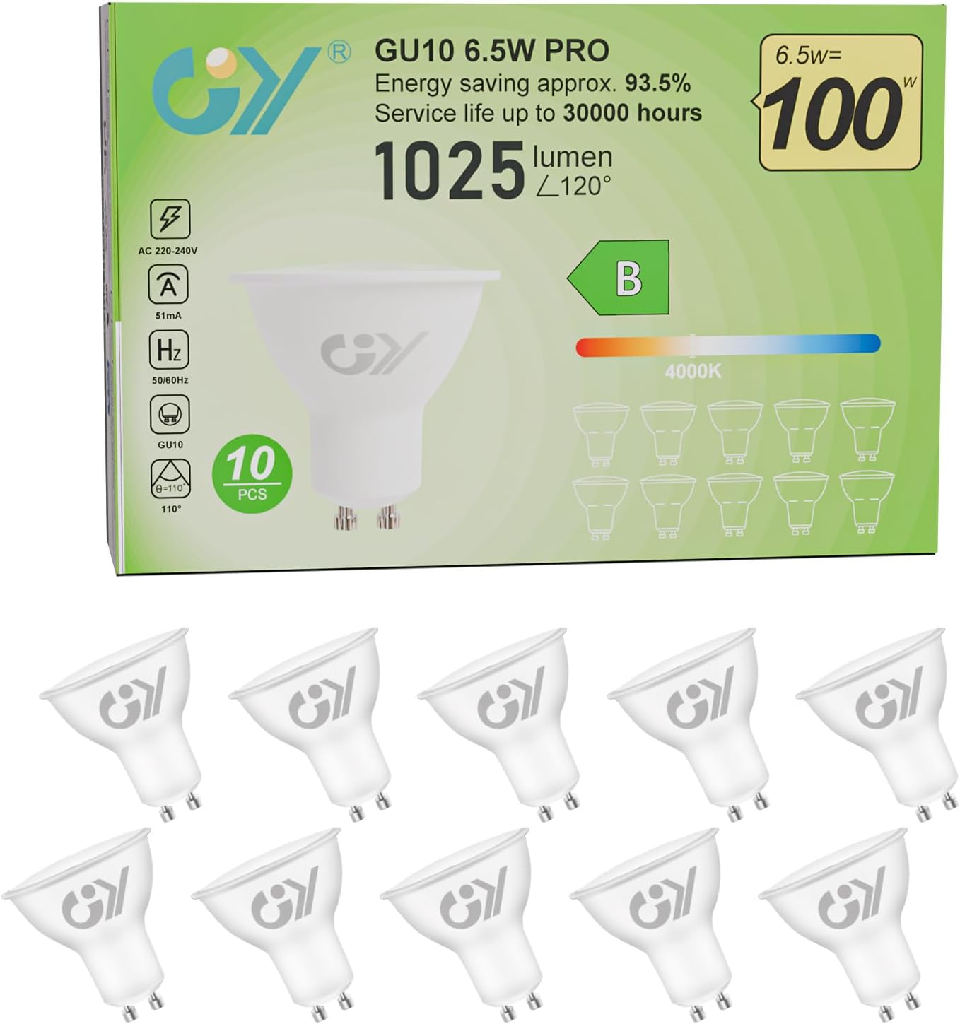 Bombilla LED GU10 GY, blanco neutro, 6,5 W, 4000 K, 1025 lúmenes, GU10 de bajo consumo, 100 W, reemplaza bombillas no regulables, 10 unidades [Clase de eficiencia energética B]
