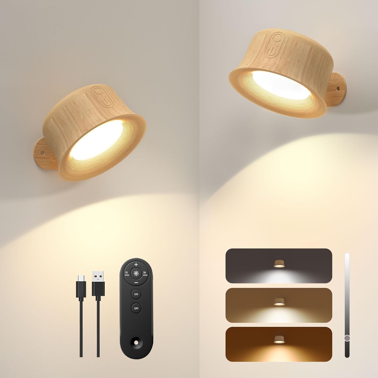Apliques de pared FULEN, apliques de pared LED, paquete de 2 con batería recargable de 3200 mAh, 3 modos de color, brillo regulable, control táctil y remoto, lámpara de lectura de pared inalámbrica para dormitorio o mesita de noche.