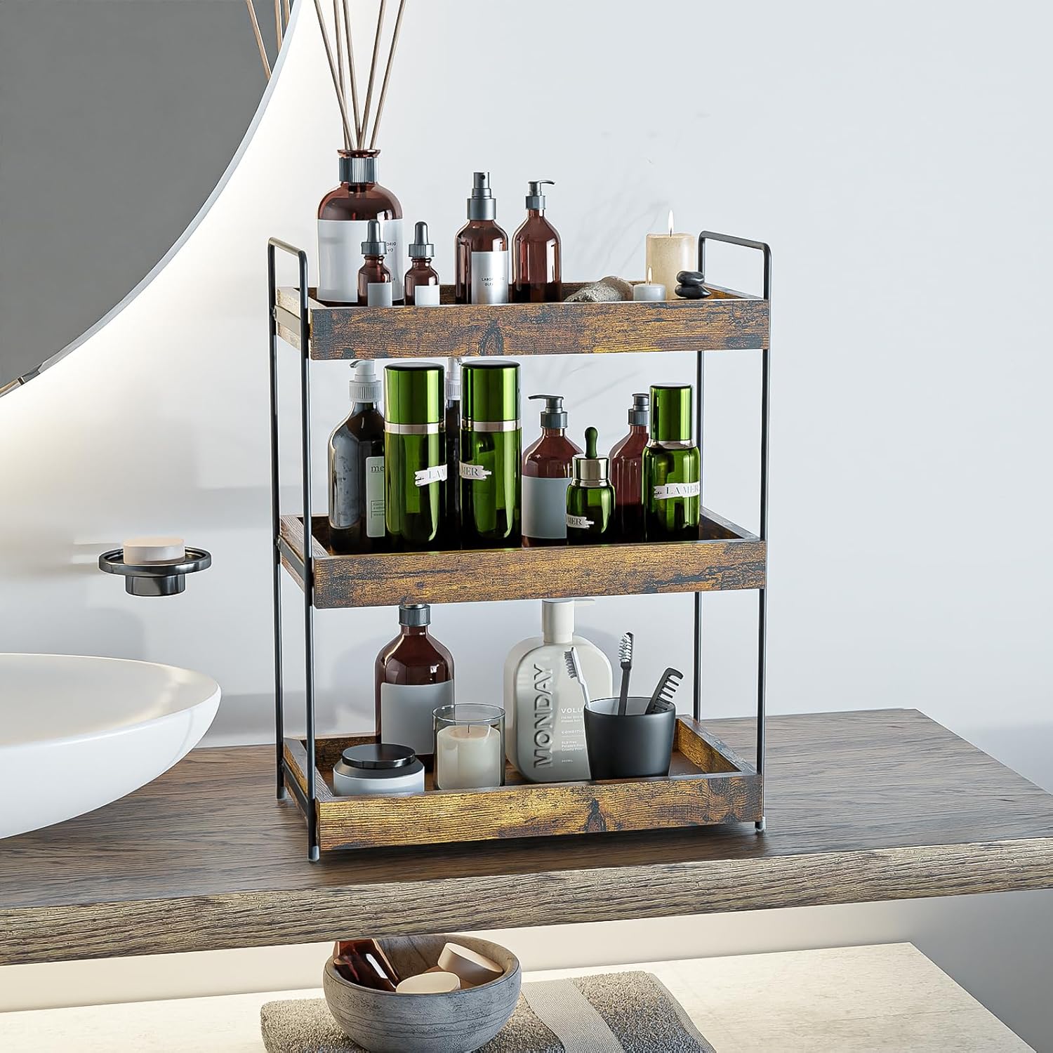 Estante de especias de cocina extraíble de 3 niveles, estante moderno para ducha, práctico organizador de almacenamiento de madera para encimera de baño, estante multifuncional bajo armario, estante para lavabo