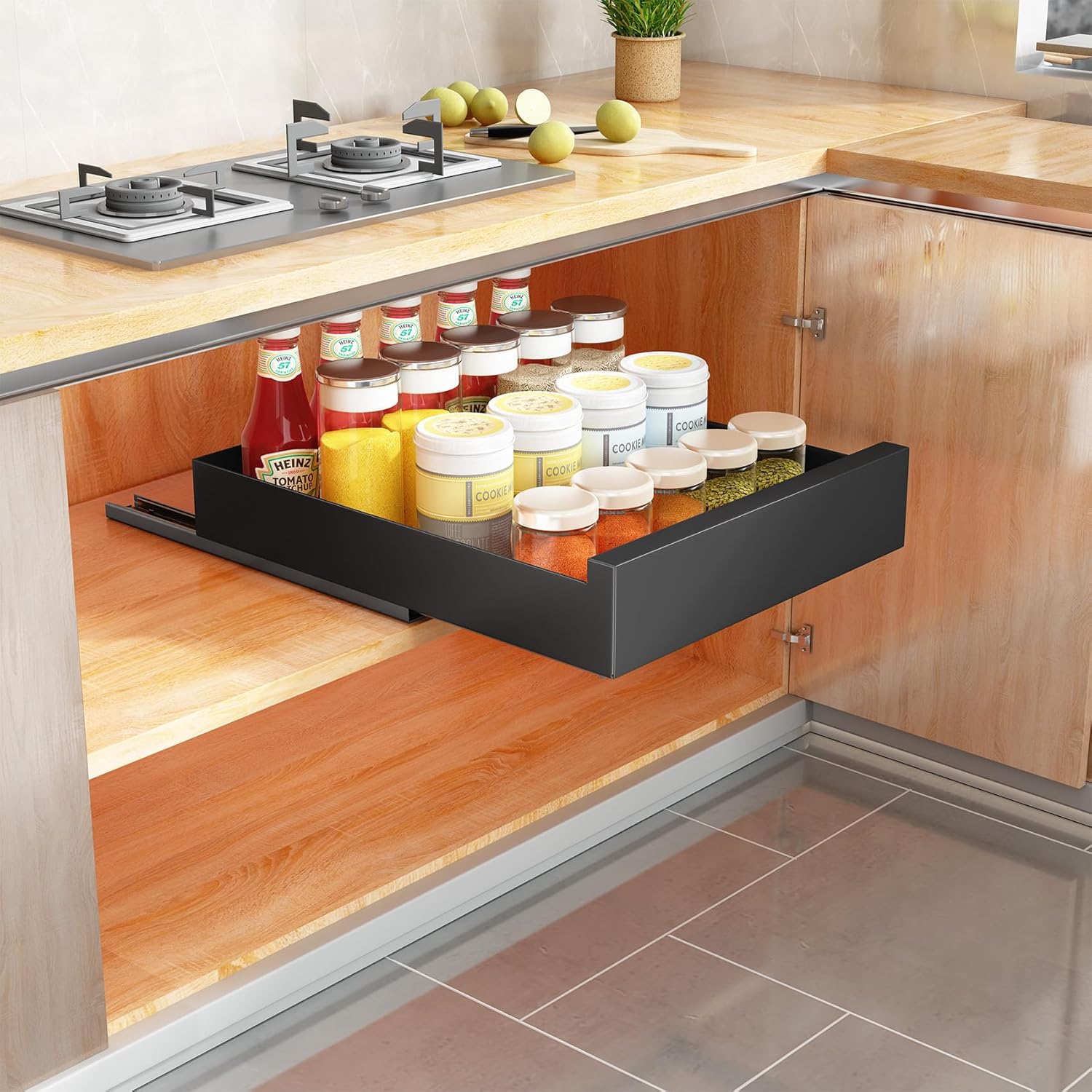 Cajón telescópico SAYZH, estantes de almacenamiento de cajón extensibles, (43 cm de profundidad x 35 cm de ancho x 9 cm de alto) Cajón extraíble extensible para gabinetes de cocina, sin necesidad de taladrar ni clavar