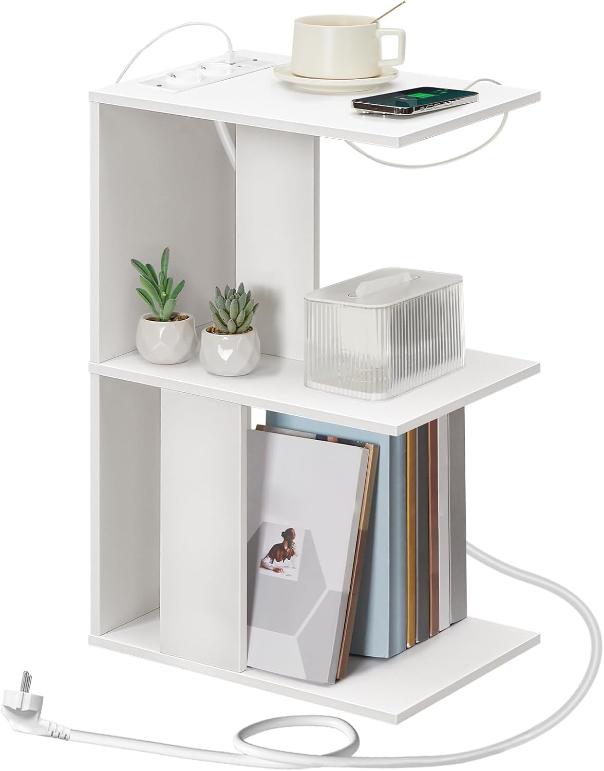 Mesa de centro MAHANCRIS con estación de carga, mesa auxiliar en forma de C con luz LED recargable con sensor, mesa auxiliar para sofá con estantes, mesita de noche para dormitorio, sala de estar, blanca AETWT18UE01